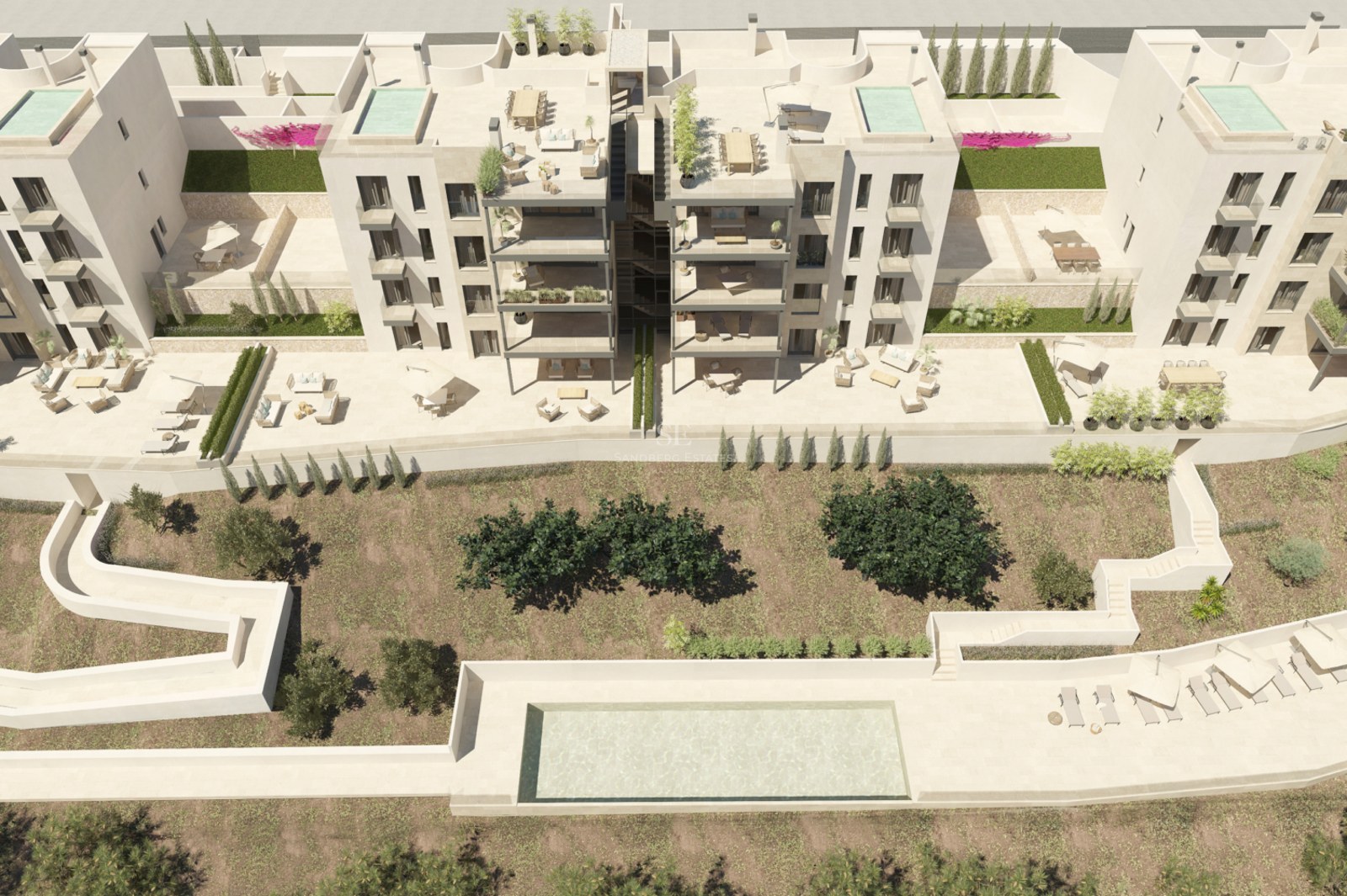 Vue aérienne d'un complexe résidentiel contemporain avec terrasses privées, piscines de toit et piscine commune.