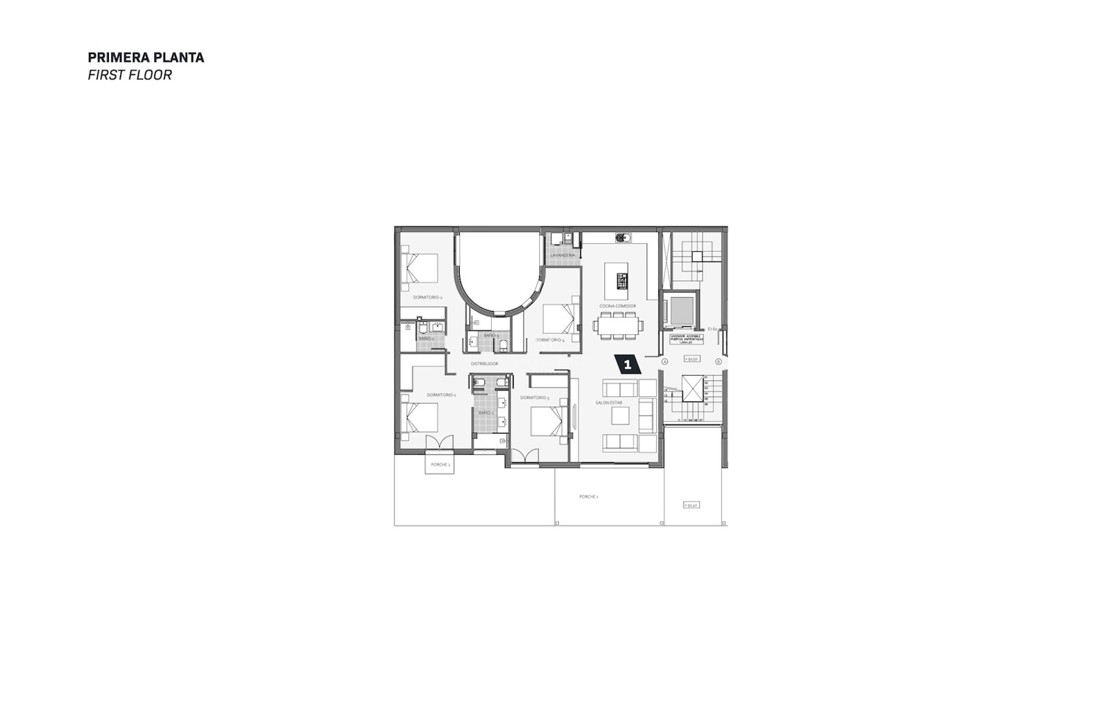 Plan d'architecte 2D montrant quatre chambres, un espace de vie ouvert et de grandes terrasses.