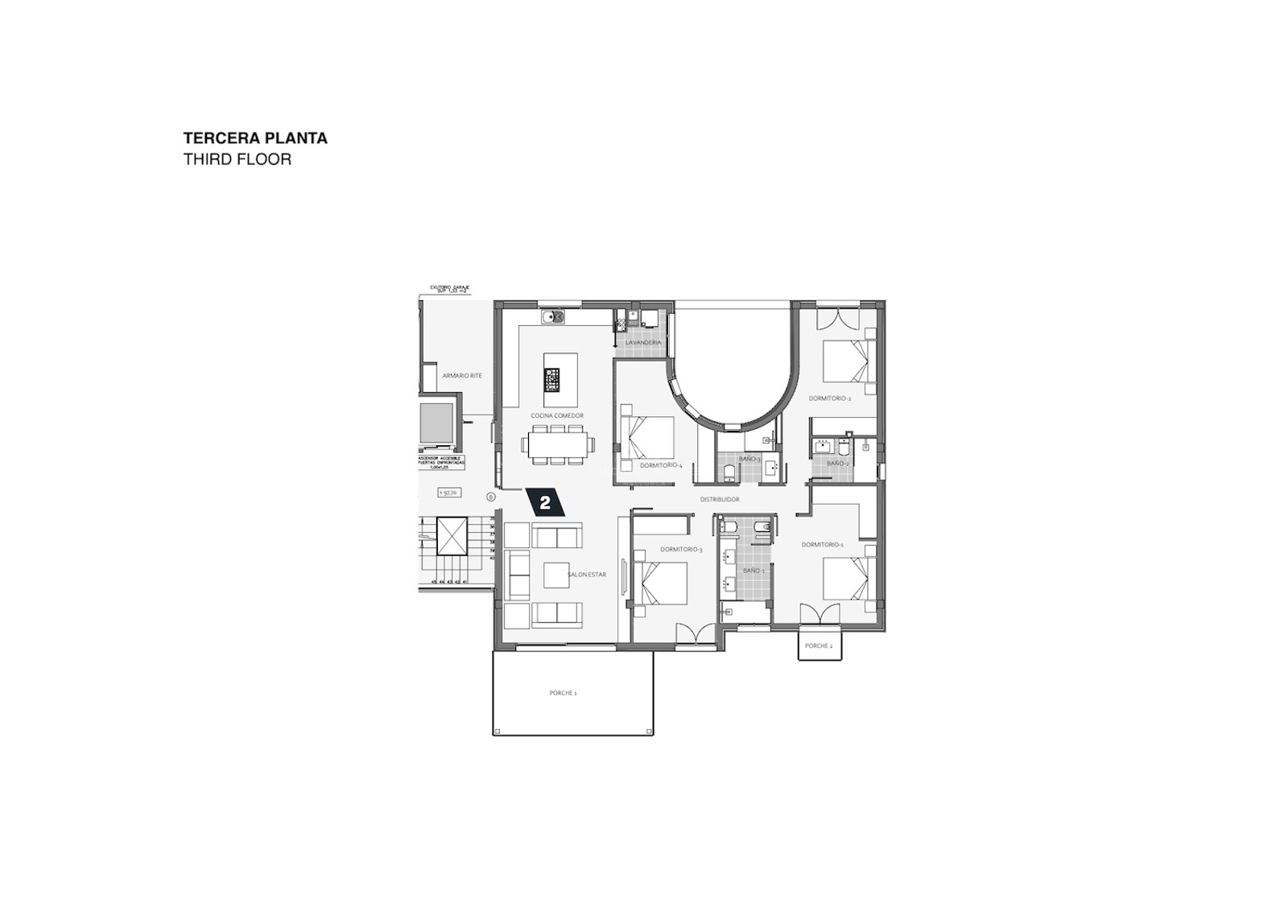 Technical 2D floor plan of a third-floor residence featuring 4 bedrooms, open-plan living area, and expansive terraces.