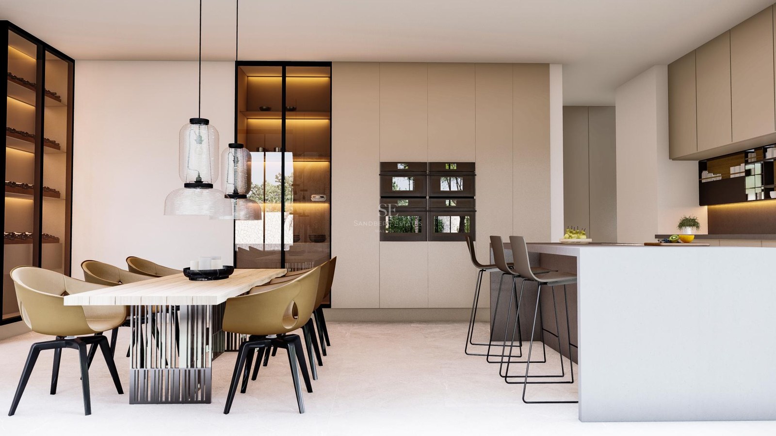 Contemporary kitchen featuring marble floors, a large wooden dining table, and integrated high-end appliances.
