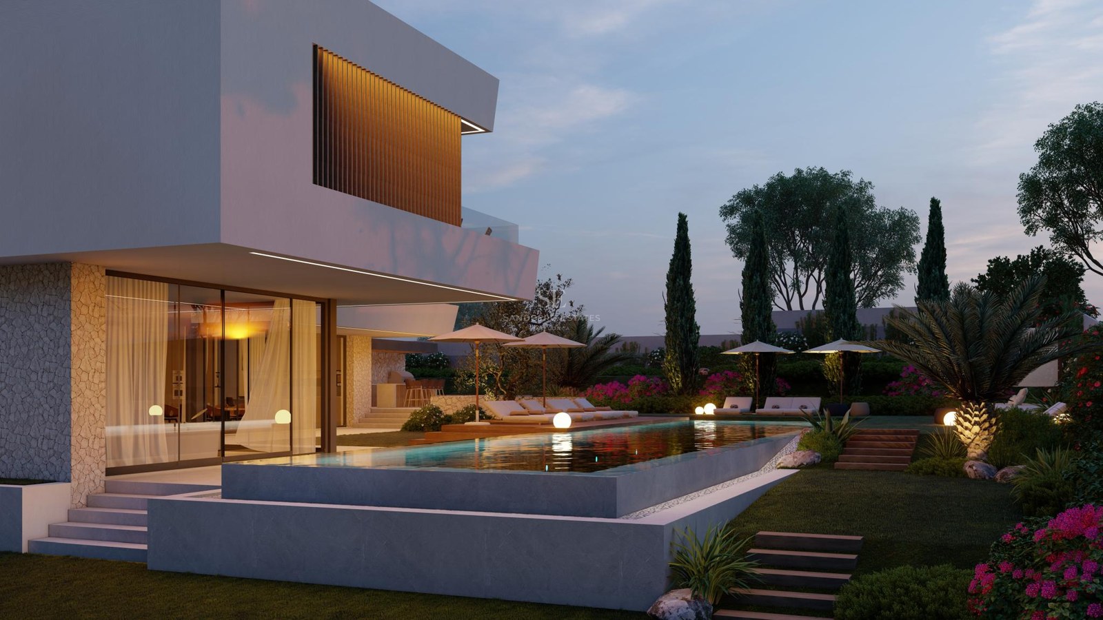 Contemporary two-story villa with a rectangular infinity pool, glass walls, and landscaped garden at twilight.