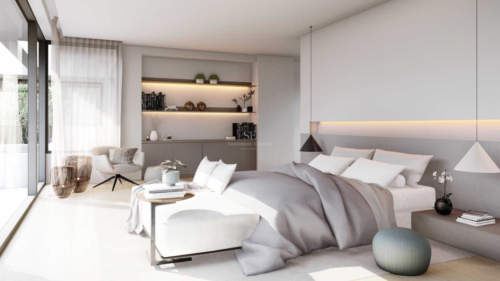 Modern master bedroom with grey linens, floor-to-ceiling windows, a reading chair, and integrated shelving with warm lights.