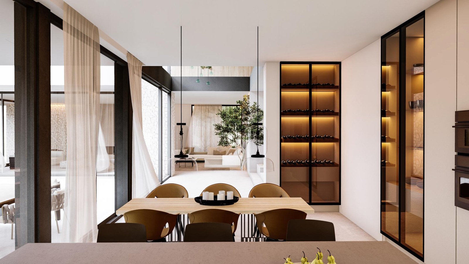 Modern dining room featuring a light wood table, contemporary black chairs, and a glass-fronted illuminated wine cabinet.