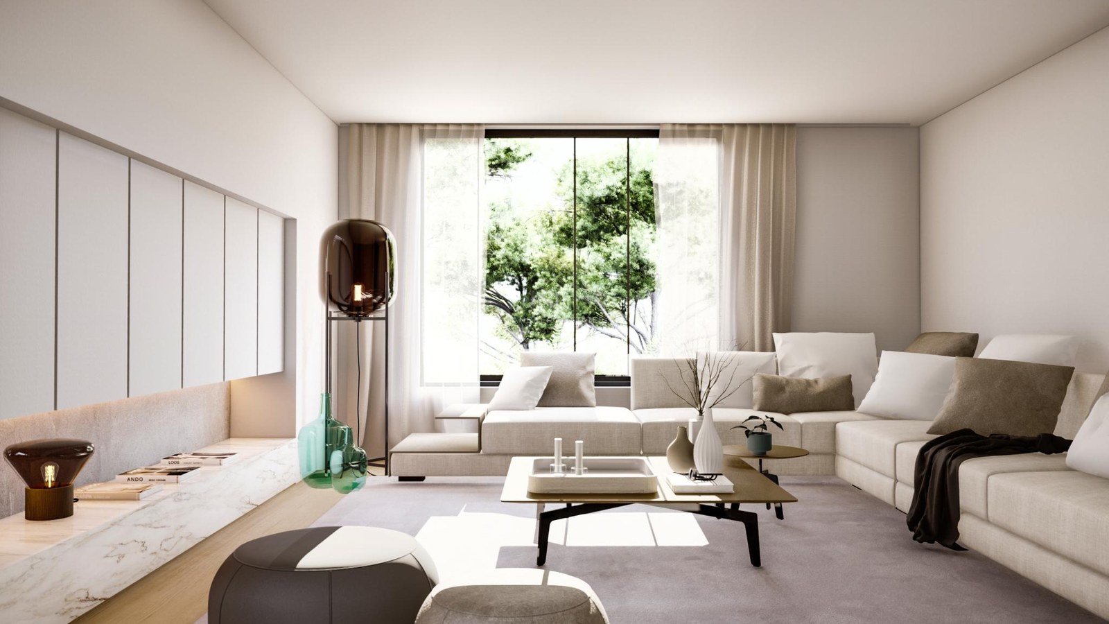 Bright minimalist living room featuring a large modular beige sofa, marble cabinetry, and a view of green trees.