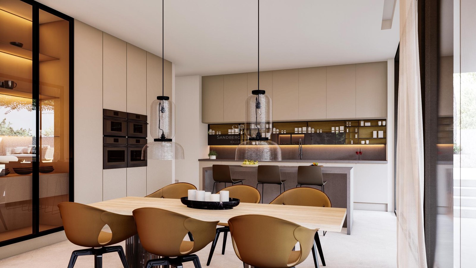 Modern kitchen with beige cabinetry, island with bar stools, and wooden dining table with mustard chairs.