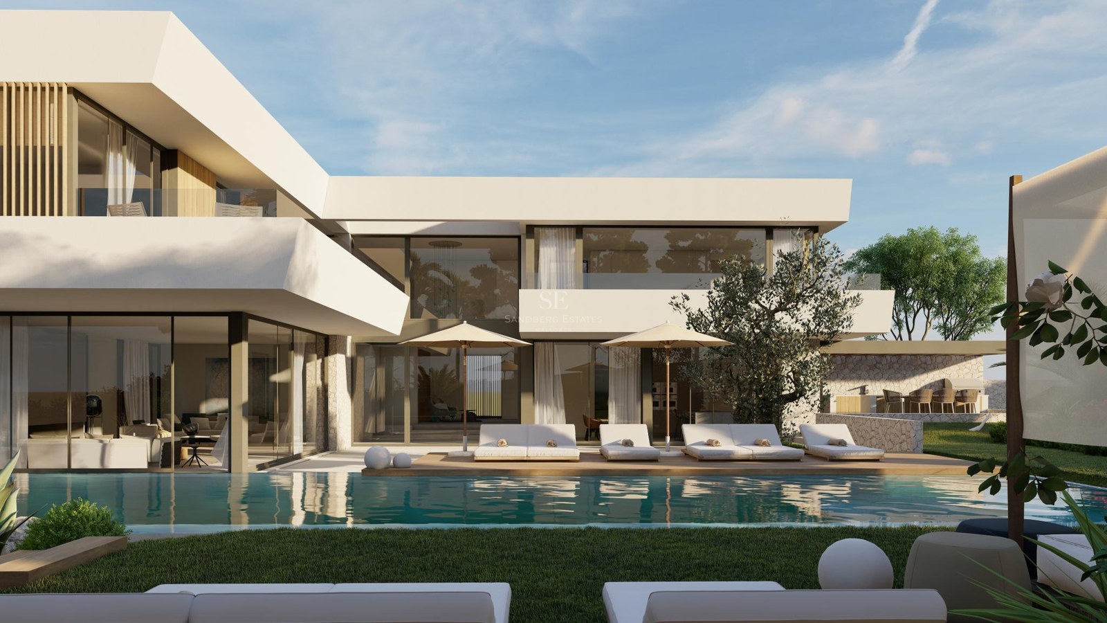 Exterior view of a sleek white modern villa featuring a long swimming pool, white designer loungers, and large glass walls.