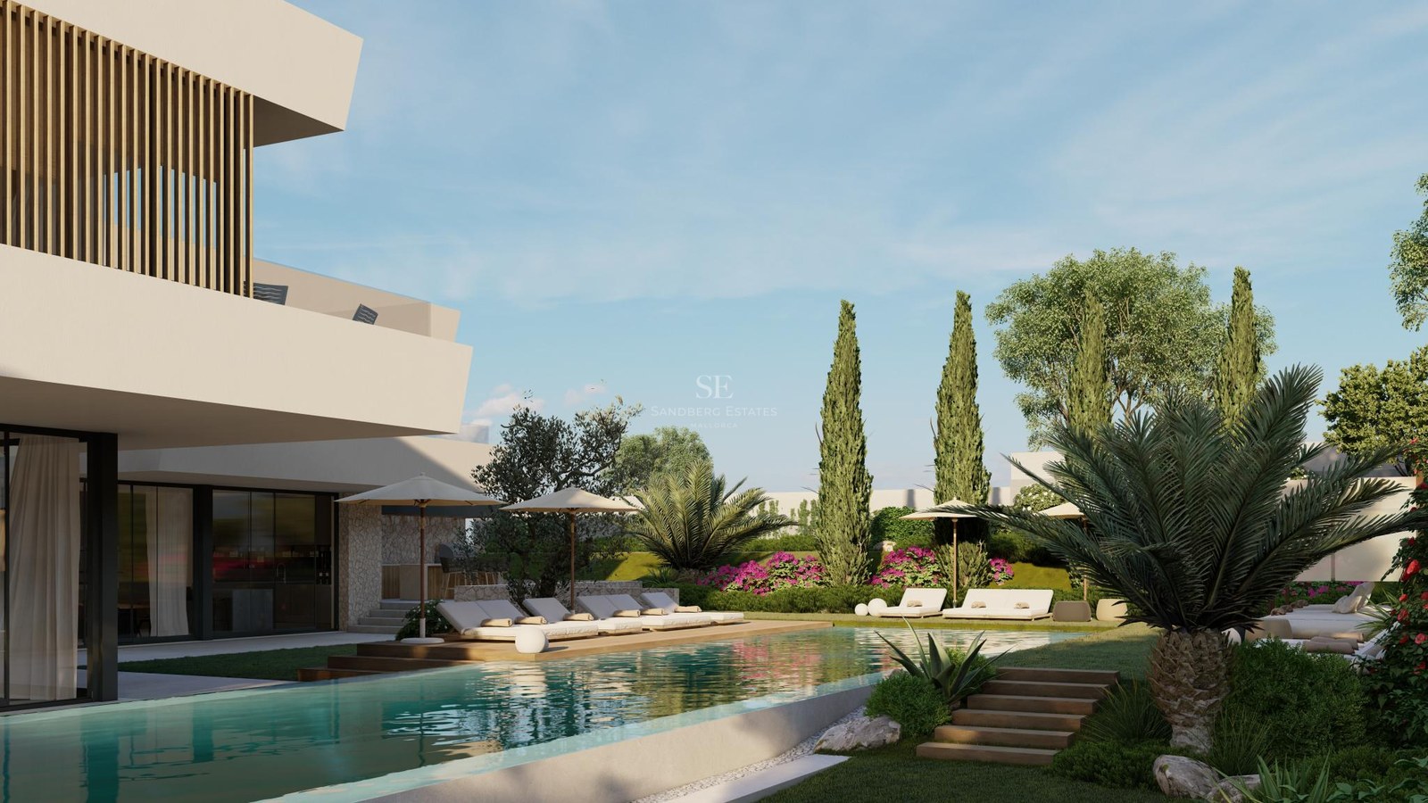 Large turquoise swimming pool with wooden decking, sun loungers, and palm trees in front of a modern white villa.