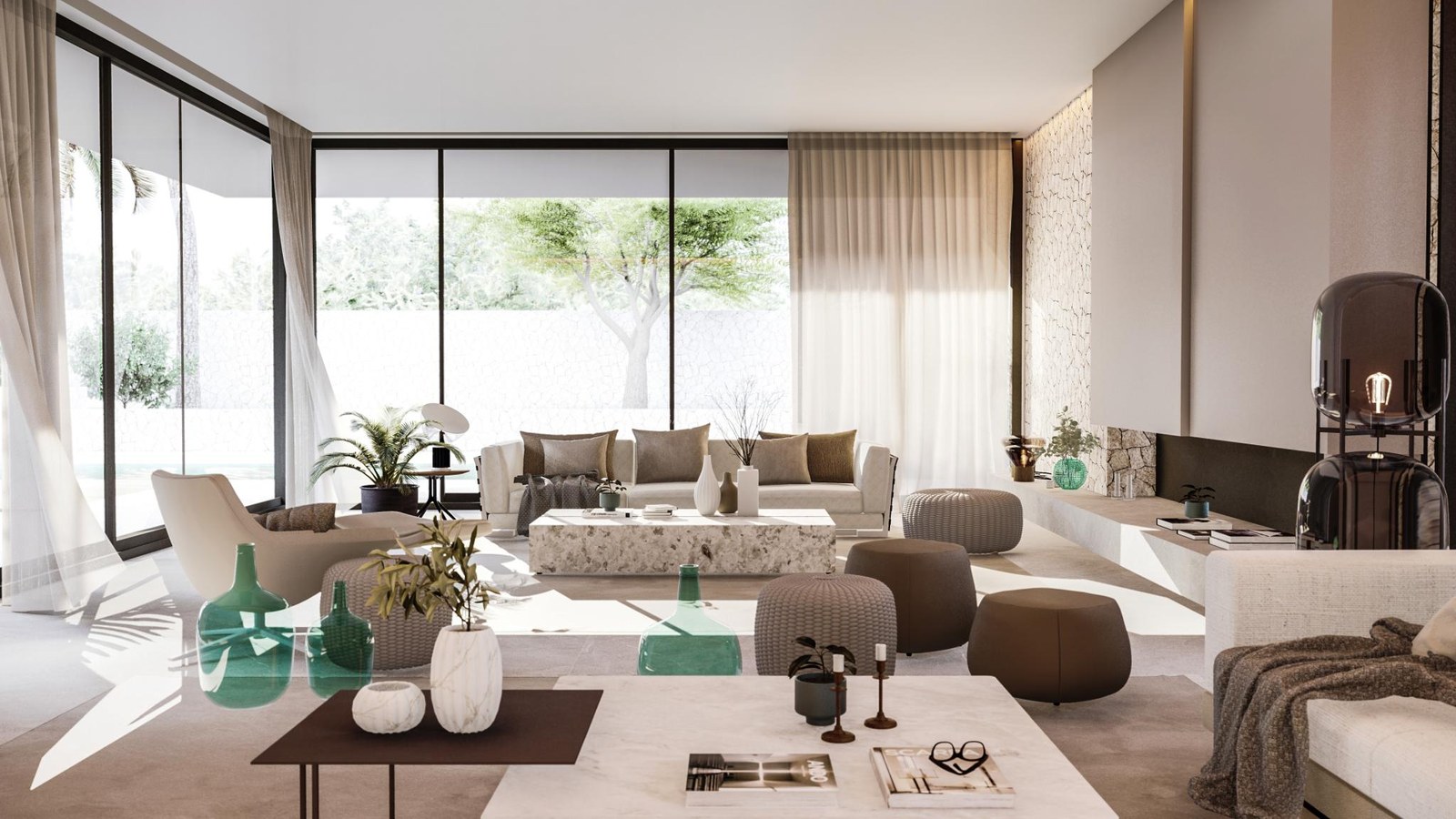 Bright open-plan living room featuring floor-to-ceiling windows, natural stone coffee table, and neutral designer sofas.
