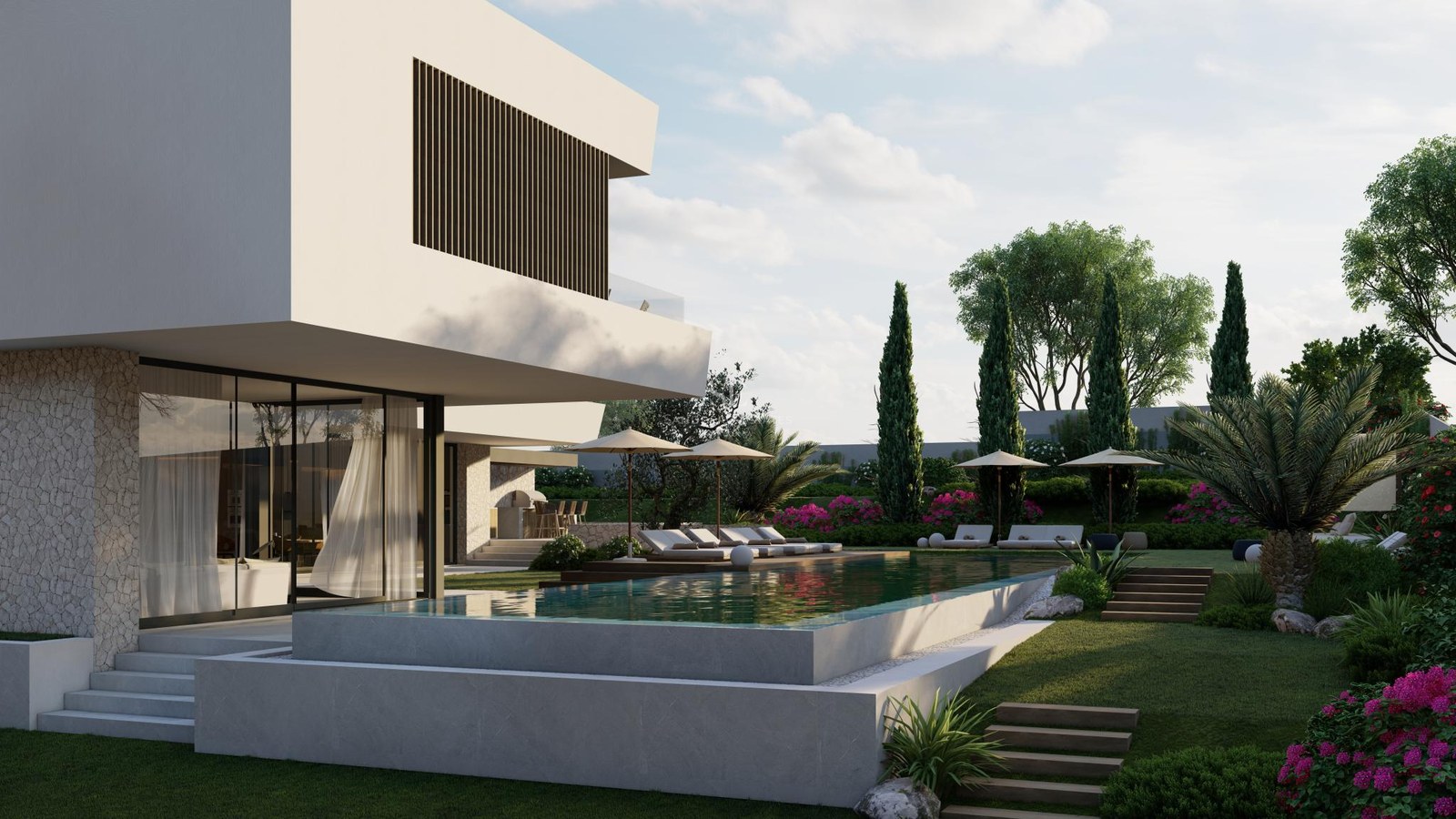Contemporary two-story villa with an infinity swimming pool, glass walls, and lush Mediterranean gardens.