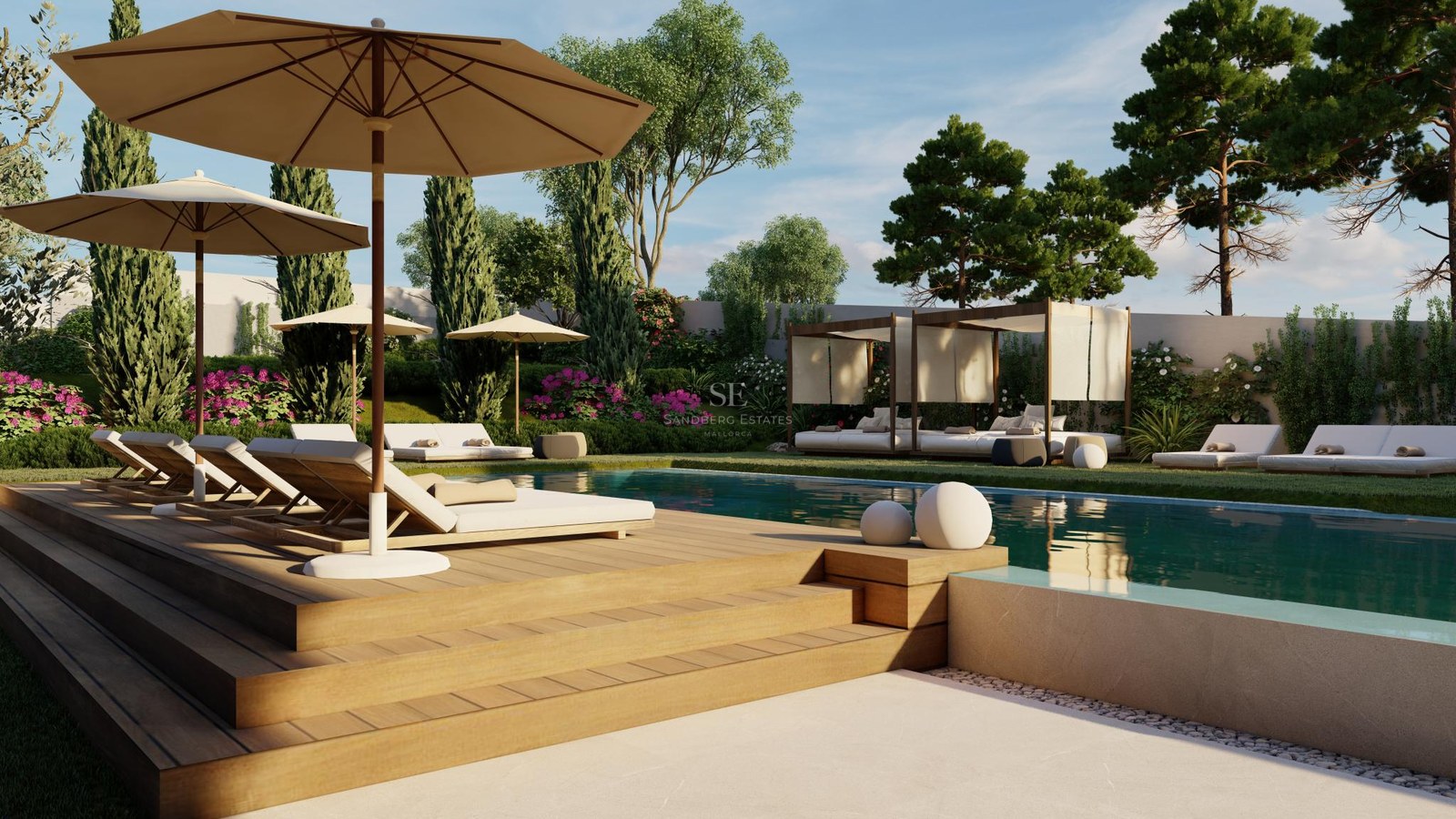 Turquoise swimming pool with wooden steps, sun loungers under beige umbrellas, and lush Mediterranean landscaping.