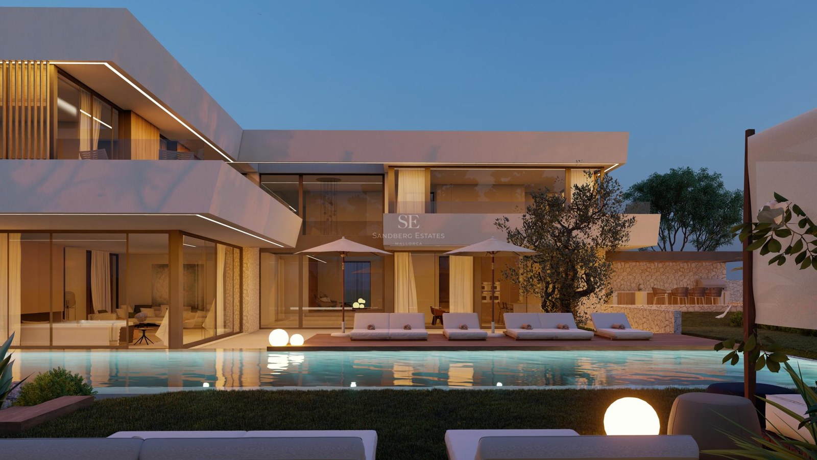 Modern two-story villa featuring an illuminated swimming pool, sun loungers, and expansive glass walls at dusk.