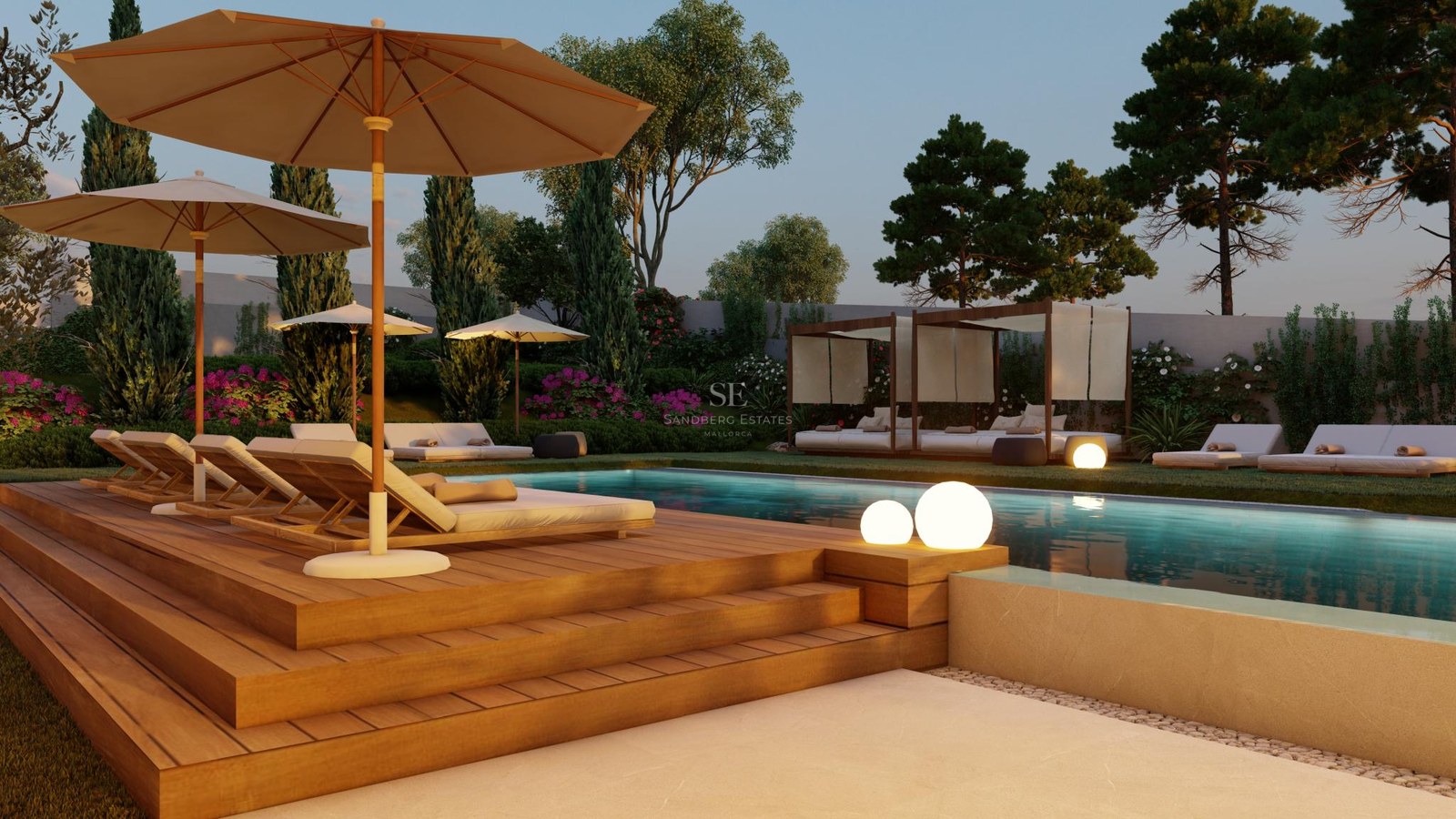 High-end swimming pool area at dusk with multi-level wooden decking, sun loungers under umbrellas, and glowing orb lights.