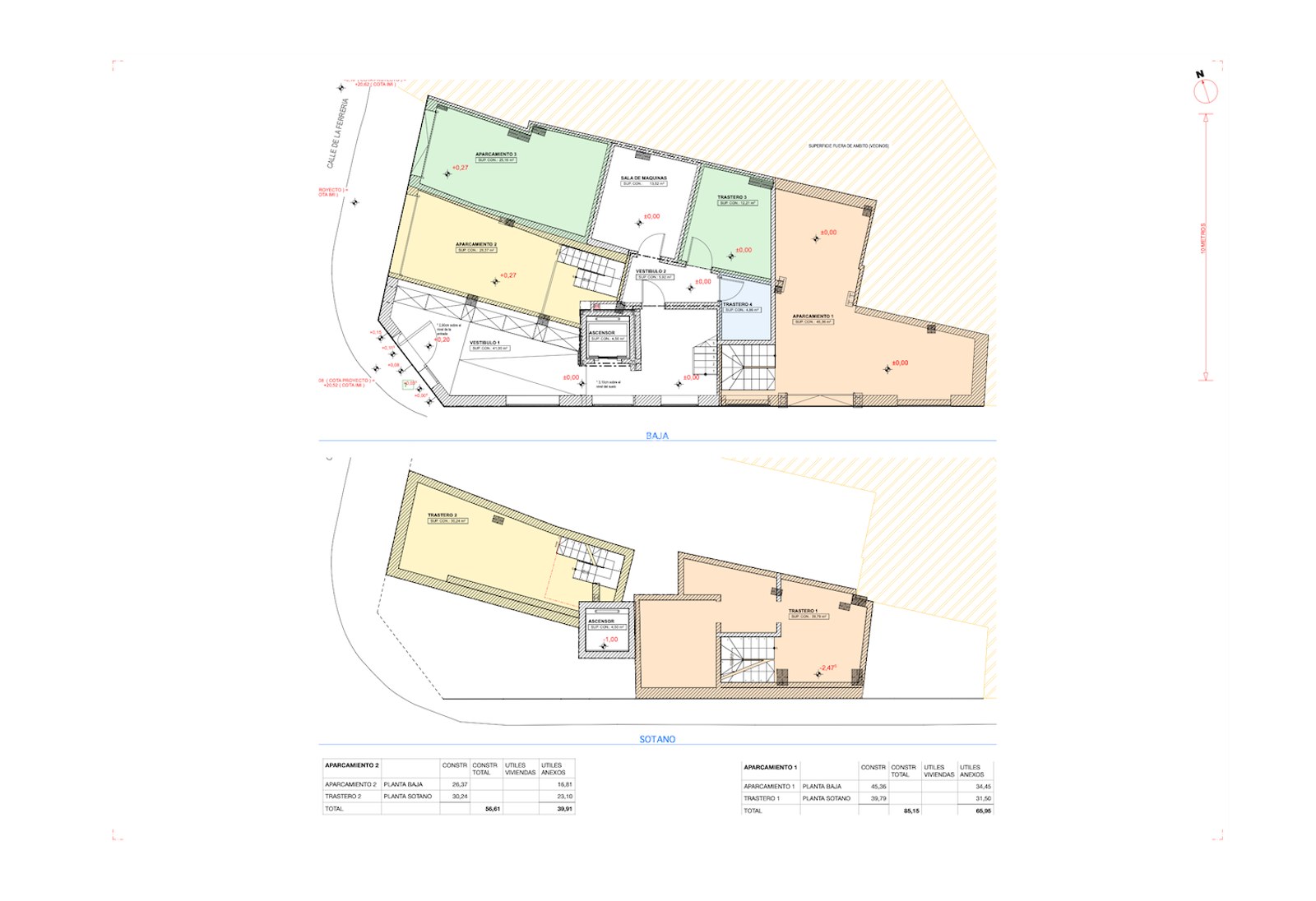 Detailed technical floor plans showing underground parking spaces, storage units, and lift access.