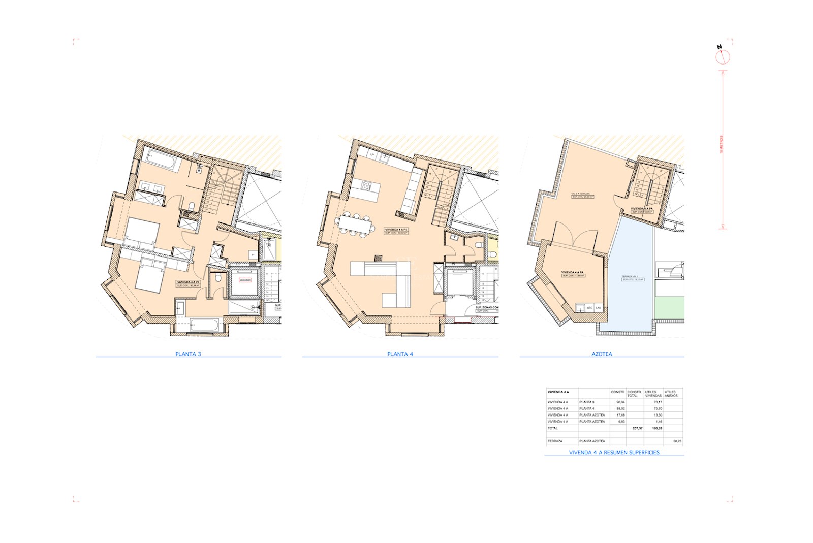 Architectural floor plan of a three-story residence including bedrooms, open-plan living area, and roof terrace with pool.