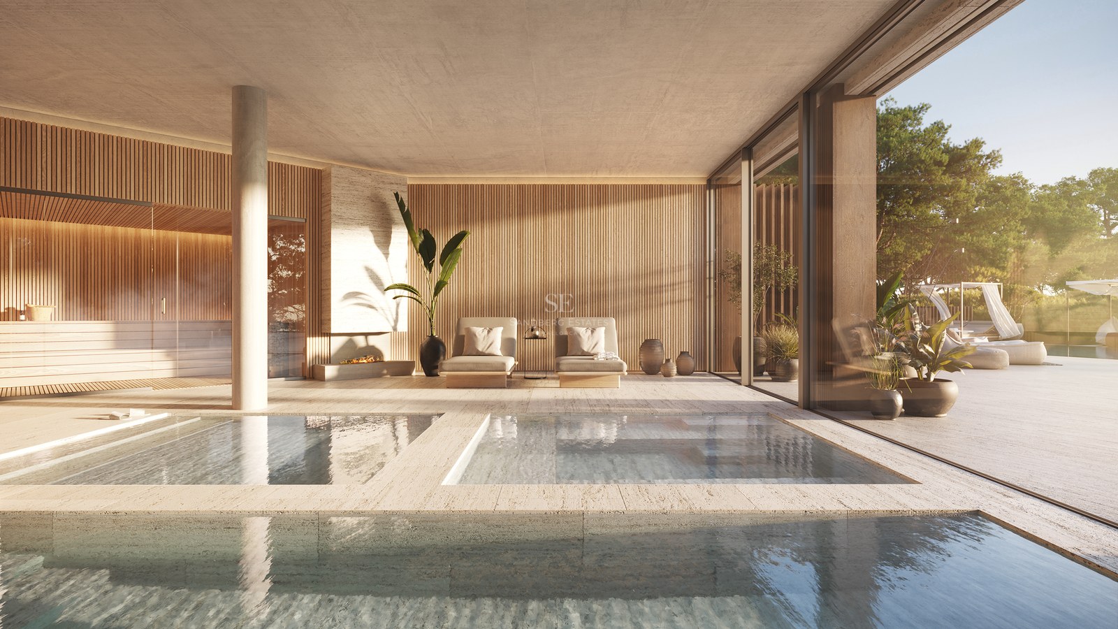 Modern indoor spa with stone pools, wooden slatted walls, lounge chairs, a fireplace, and a glass-enclosed sauna.