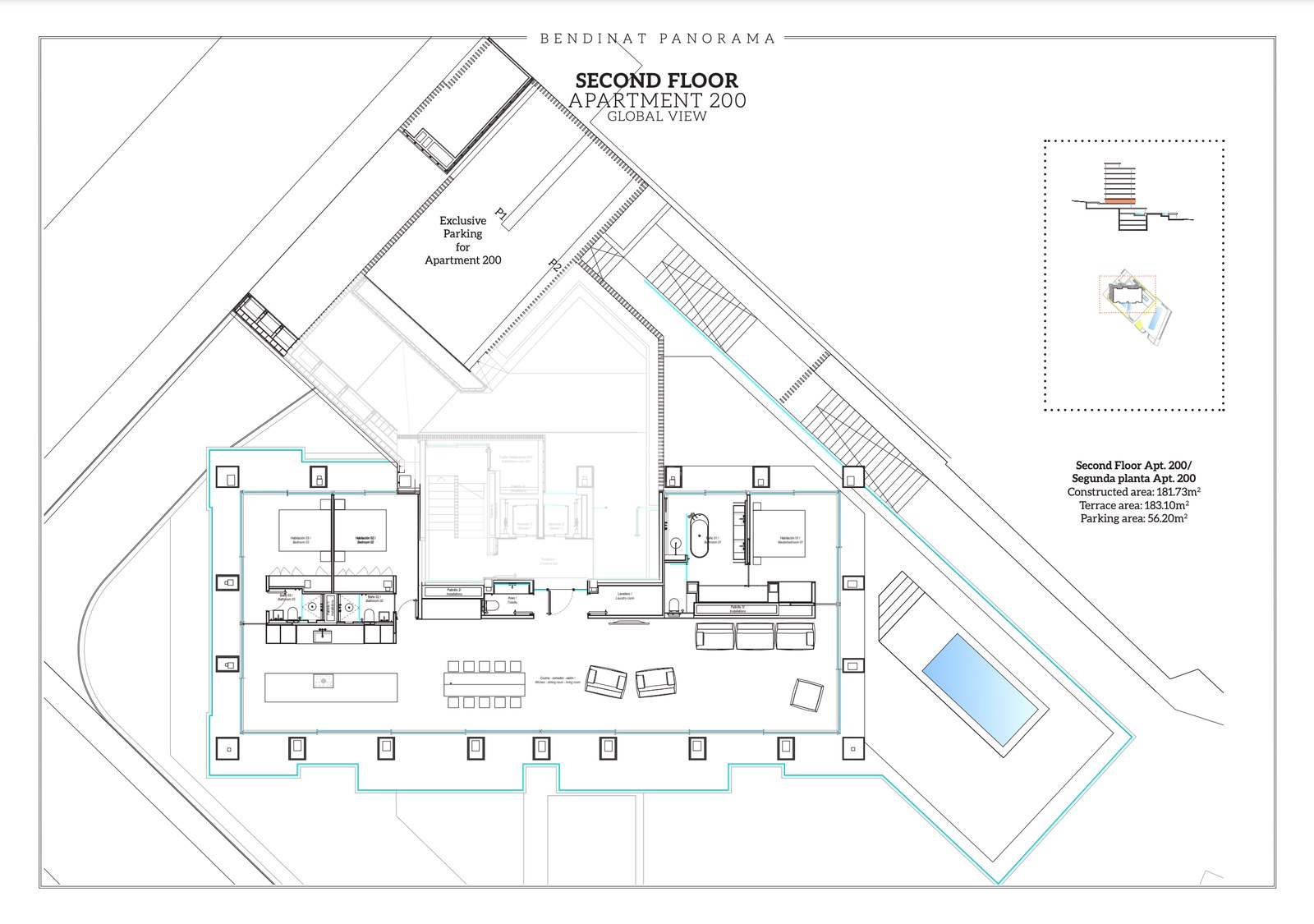 Architectural floor plan of a luxury 3-bedroom apartment with a large terrace and private pool.