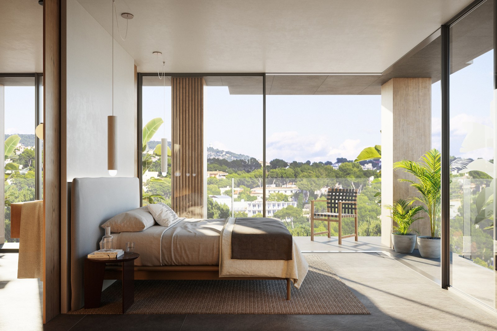 Bright master bedroom with floor-to-ceiling windows overlooking a lush landscape and a private terrace.