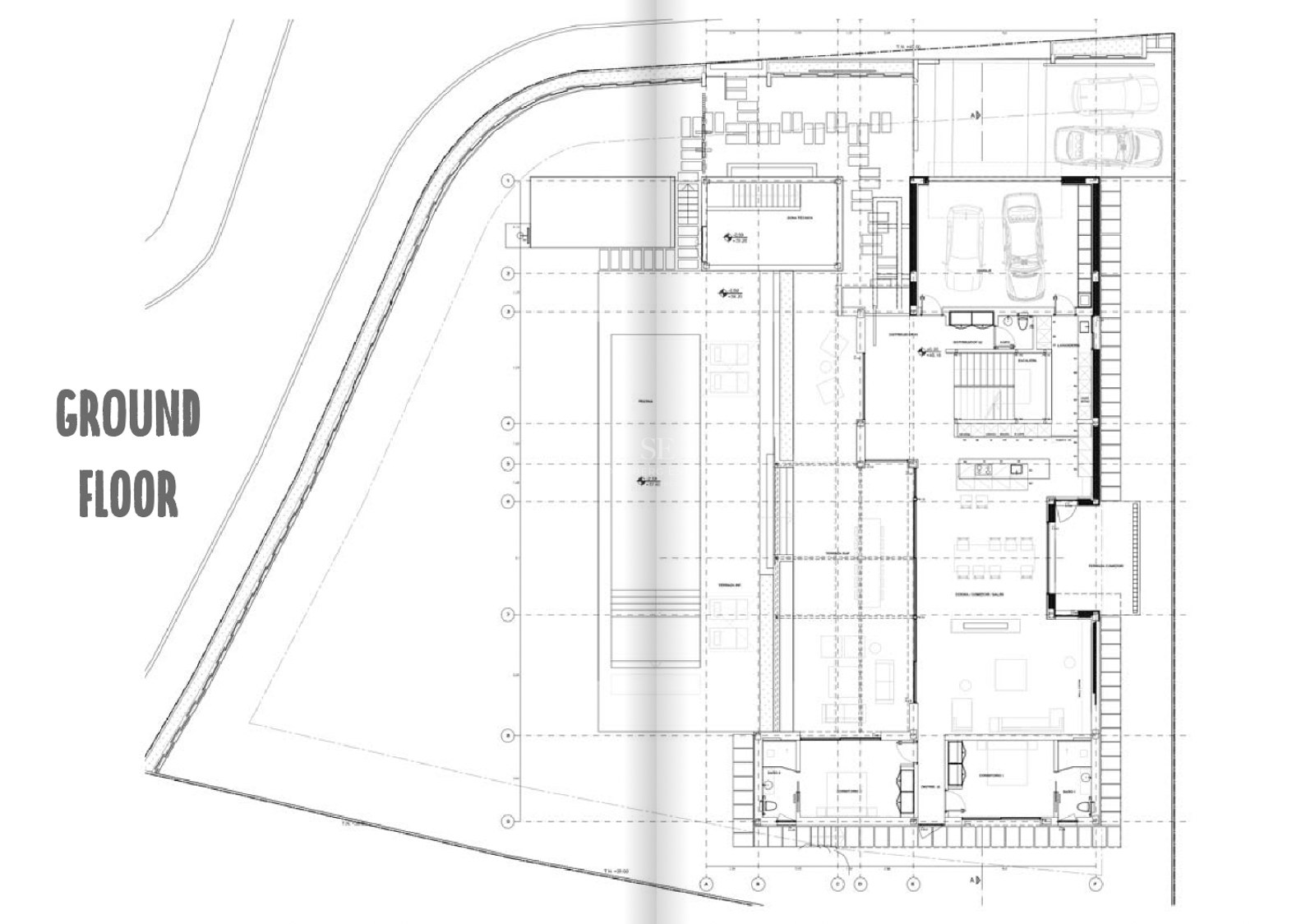 Detailed technical floor plan of a luxury villa ground floor featuring a large pool, open-plan living, and garage.