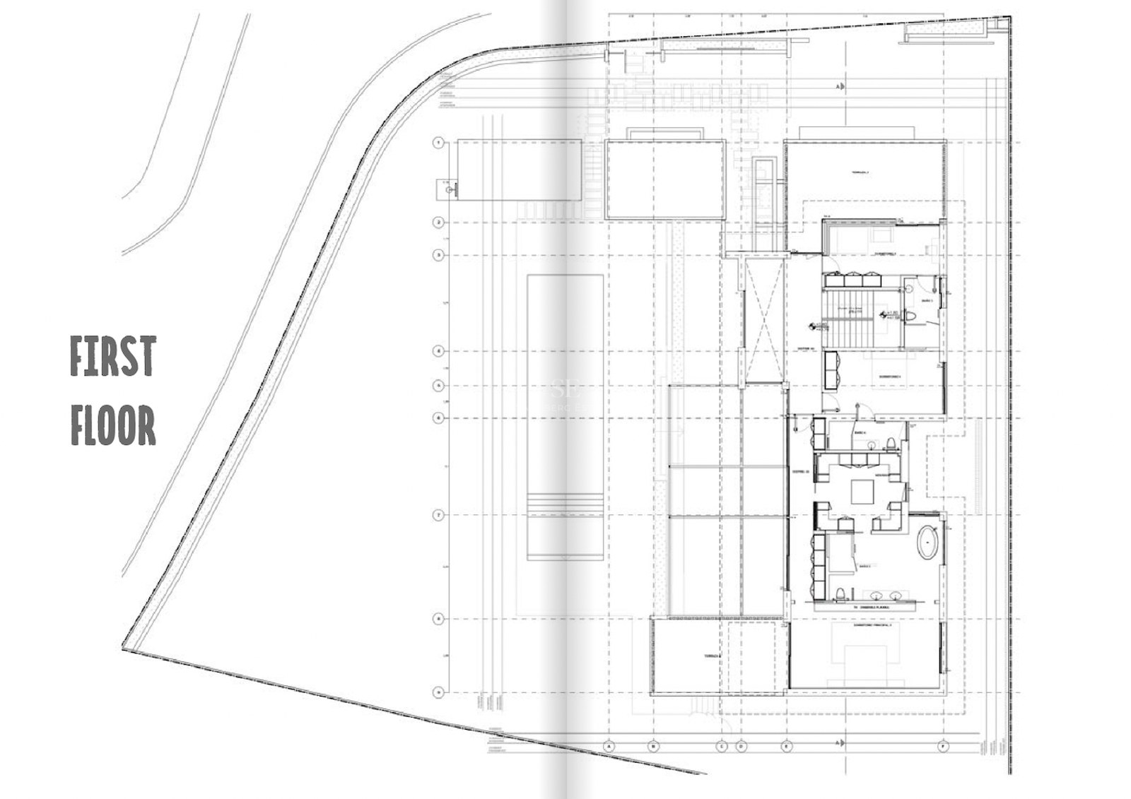 Detailed technical floor plan of the first floor featuring the master suite, bedrooms, and expansive terrace areas.