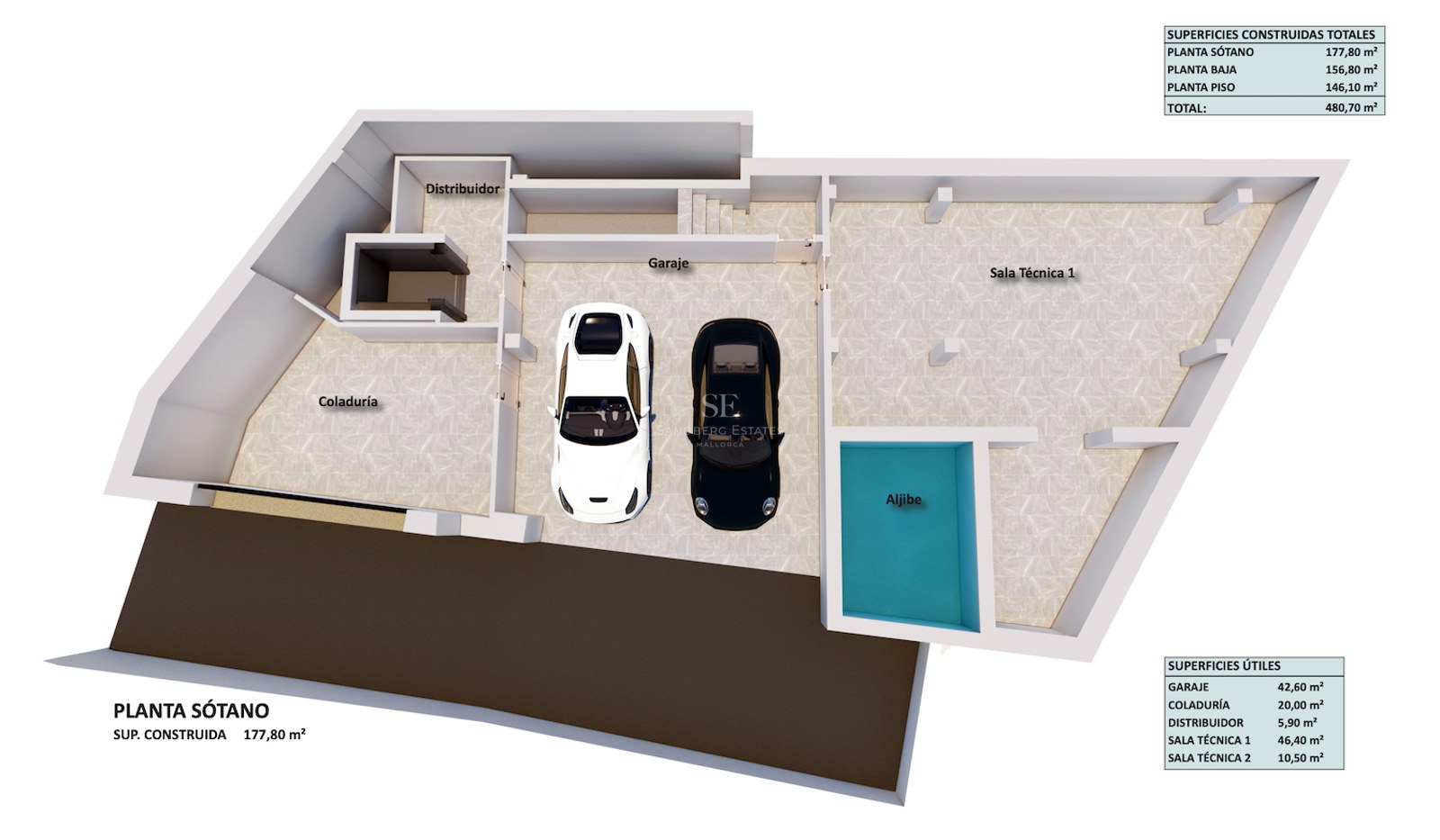 3D architectural floor plan of a modern basement featuring a two-car garage, technical rooms, and elevator access.