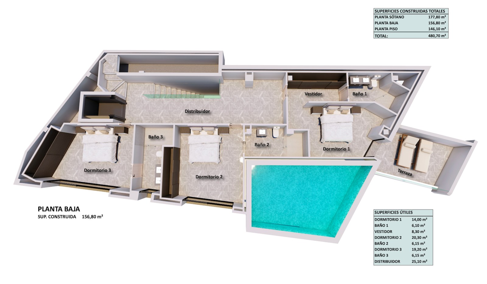 3D floor plan of a ground floor layout featuring three en-suite bedrooms, terrace, and private integrated pool.