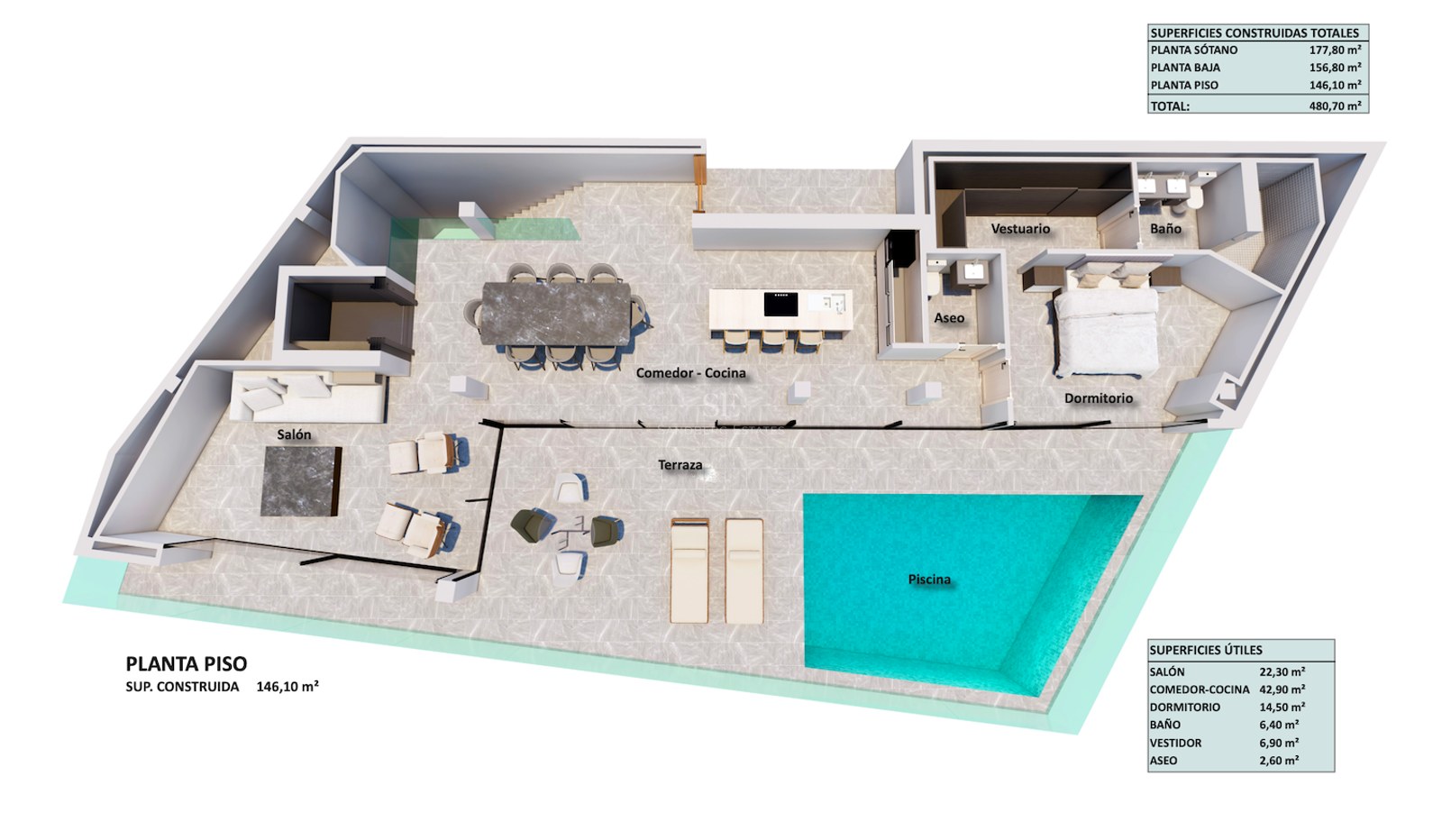 3D floor plan showing living room, open kitchen, master bedroom, large terrace, and integrated swimming pool.