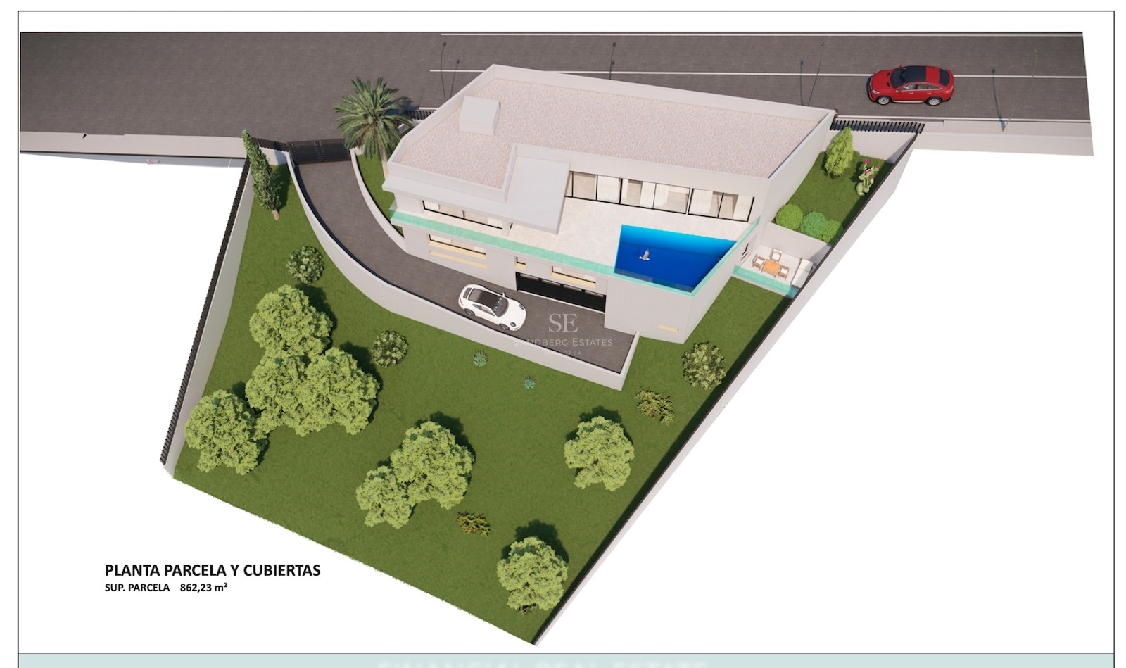 Aerial 3D rendering of a modern villa plot including swimming pool, garden areas, and driveway.