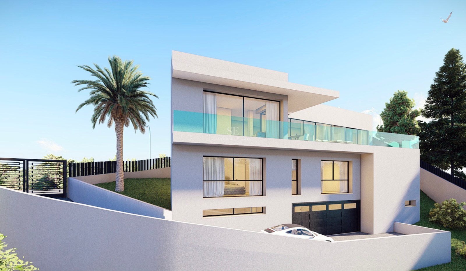 A multi-level modern white villa featuring glass balconies, floor-to-ceiling windows, a palm tree, and garage entrance.