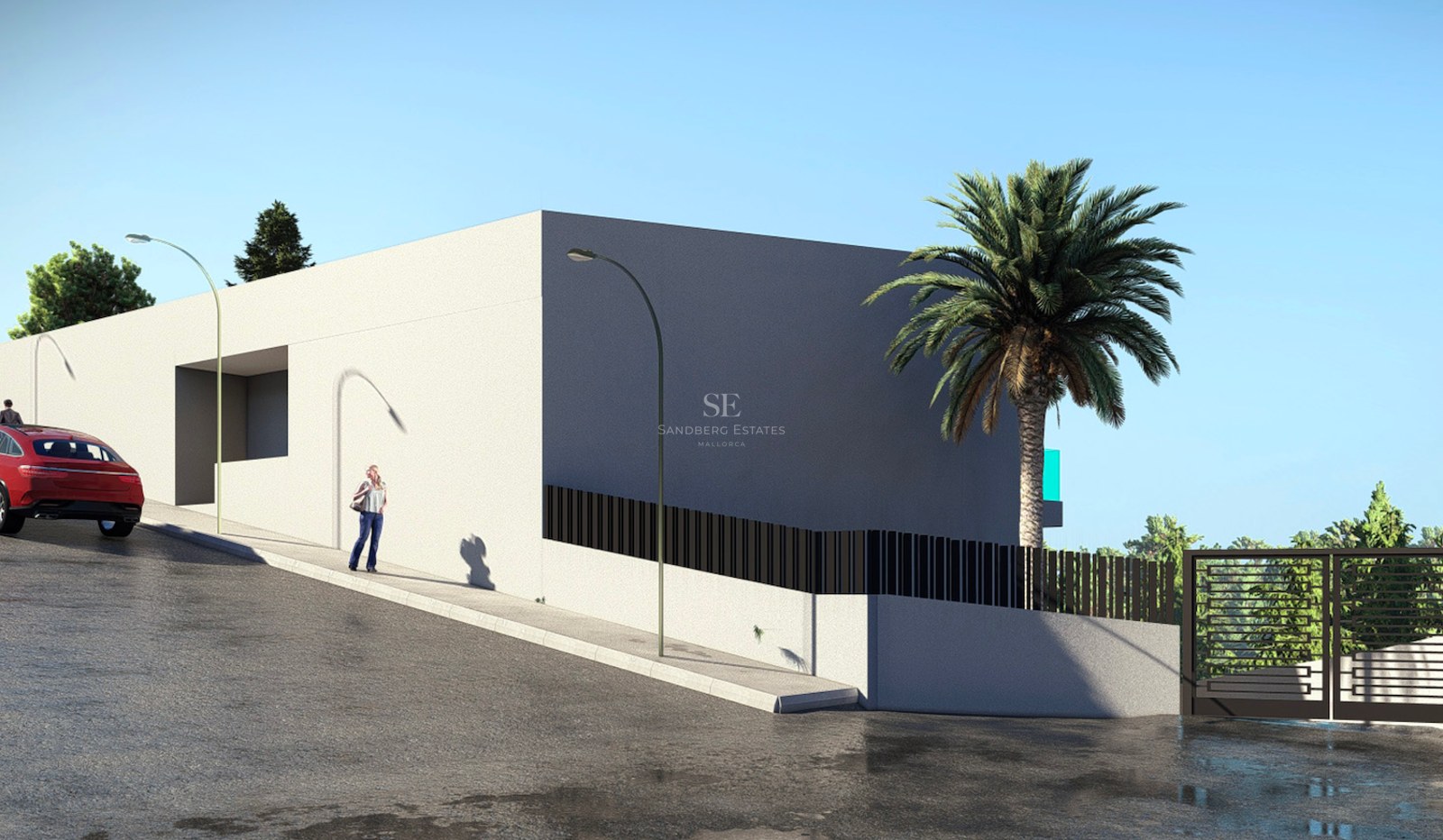 A modern white villa entrance on a sloped street with black metal fencing, a palm tree, and a secure gated entry.