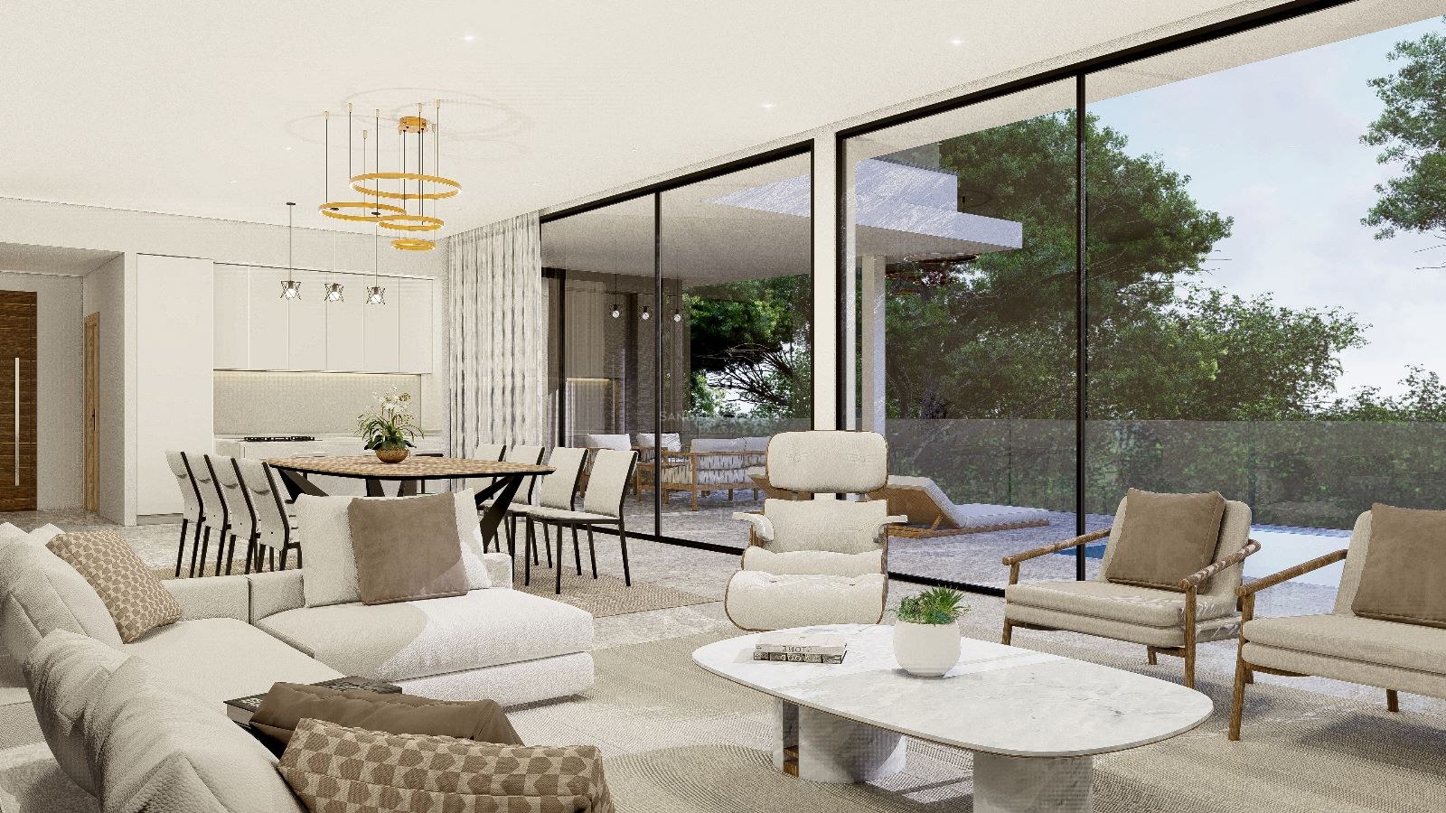Salón moderno con sofás crema, mesa de mármol y ventanales de suelo a techo con vistas a la piscina y jardín.