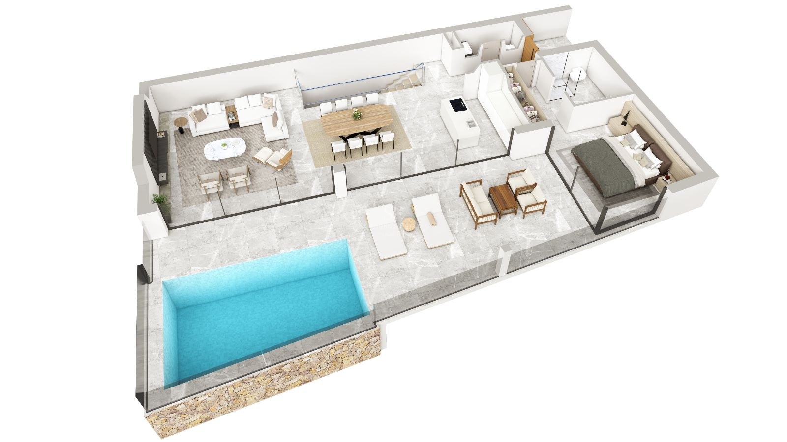 Plano 3D de un apartamento de lujo con zona de estar abierta, suite principal y terraza con piscina privada.