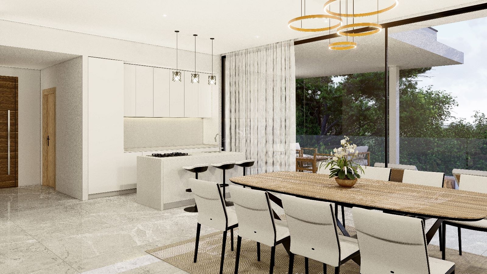 Comedor moderno con mesa de madera y sillas blancas frente a una cocina minimalista con acceso a la terraza.