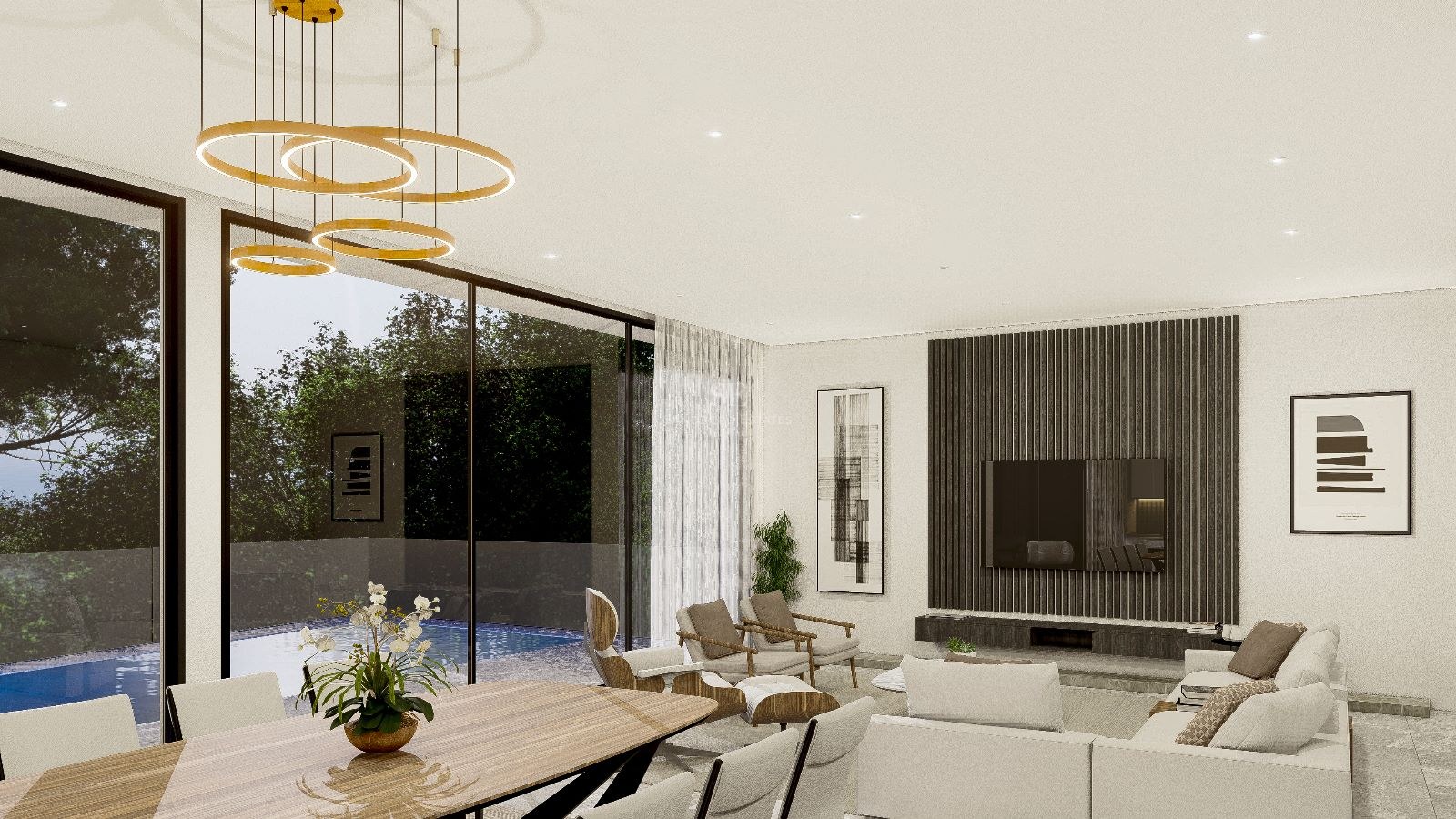 Salón moderno con grandes ventanales, zona de comedor de madera y vistas directas a la piscina exterior.