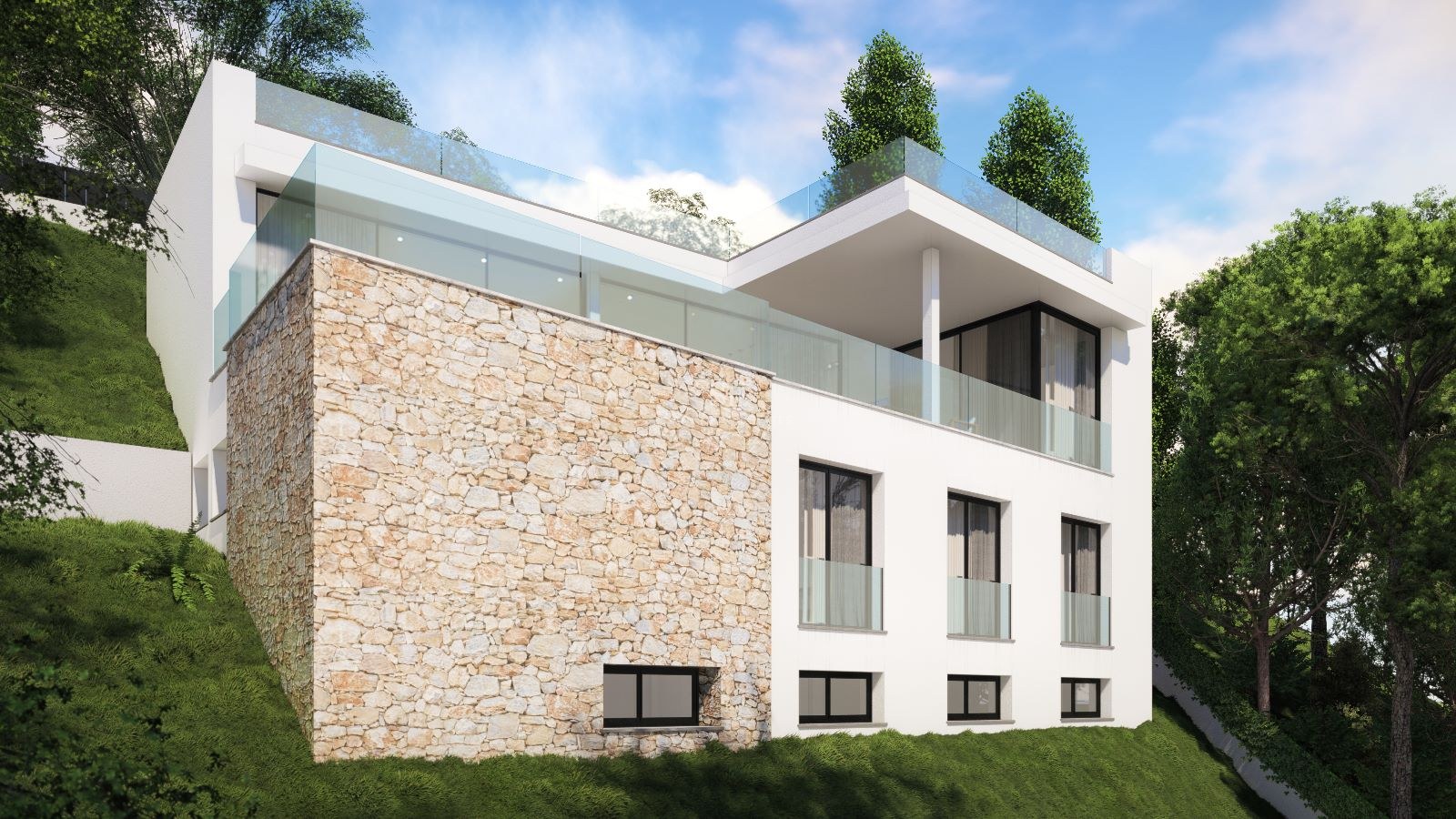 Villa blanca moderna en una colina verde con pared de piedra natural y barandillas de cristal.