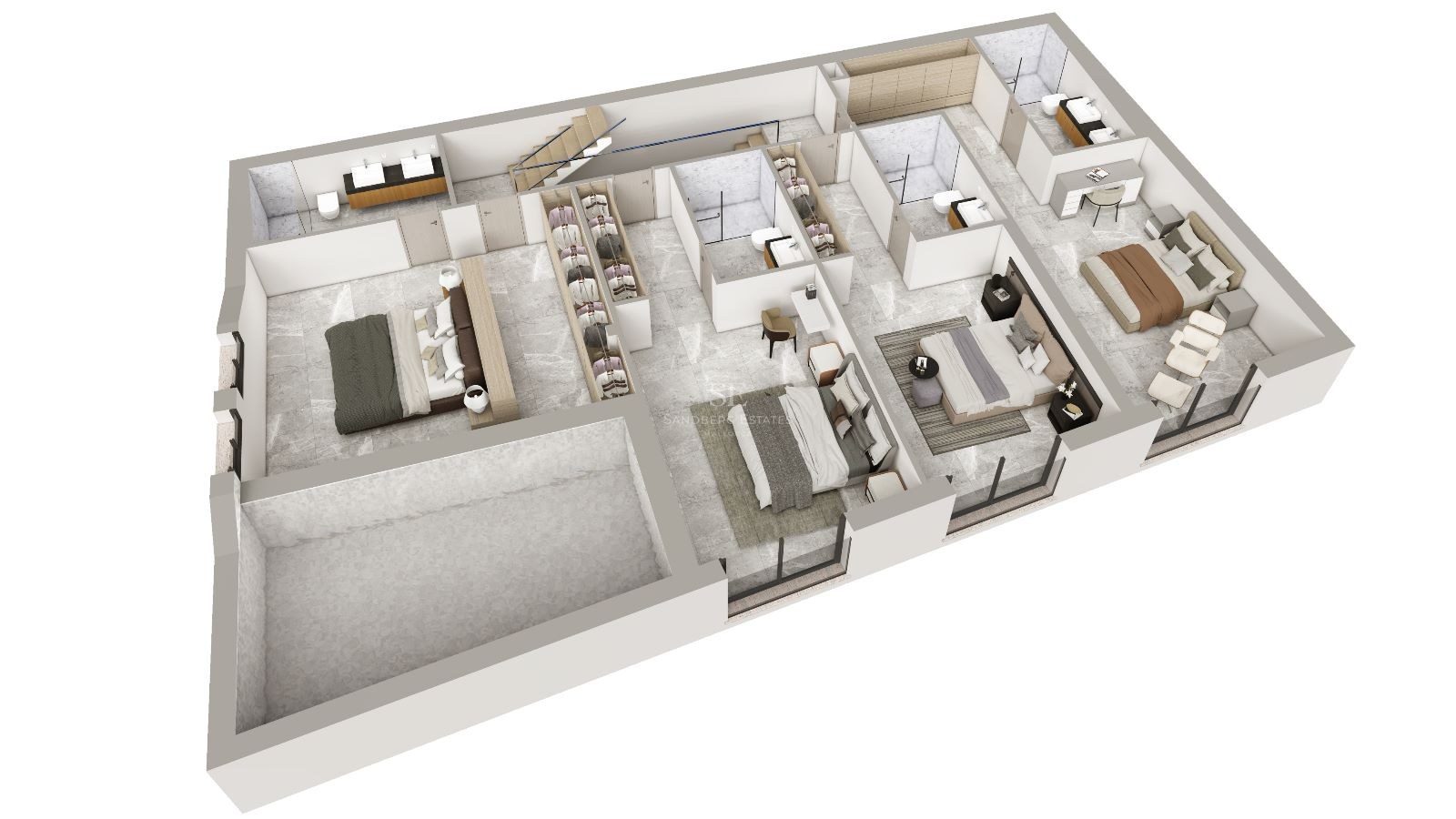 Plano arquitectónico 3D de tres dormitorios con baños en suite, vestidores y suelos de mármol gris.