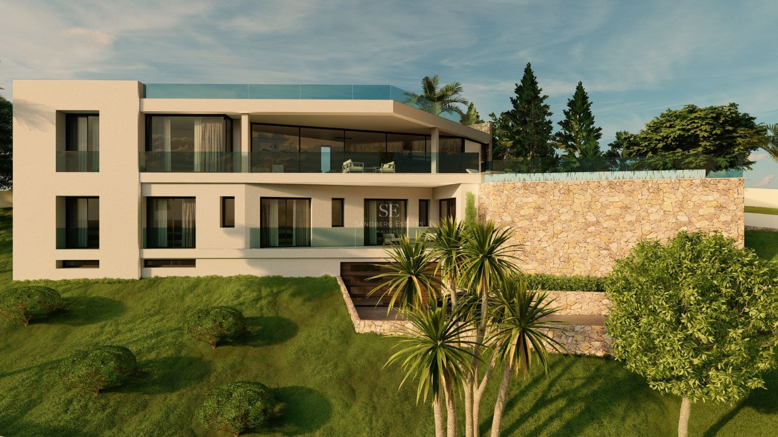 View of a modern villa with an infinity pool, lush garden, and contemporary architectural design.