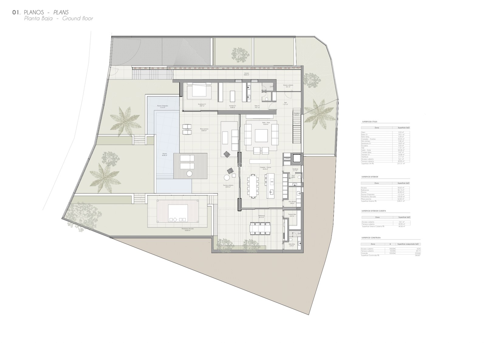 Plan architectural détaillé du rez-de-chaussée montrant les espaces de vie, la cuisine, la piscine et les terrasses.