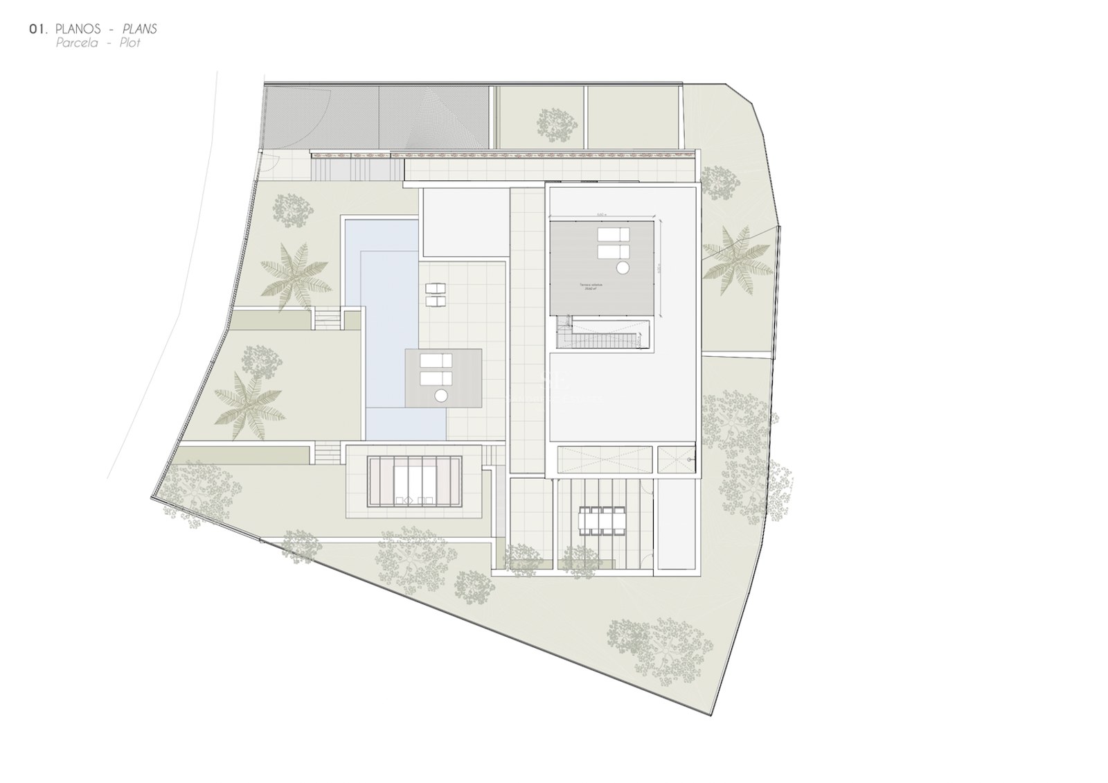 Plan architectural en vue de dessus montrant l'aménagement d'une villa moderne avec piscine, terrasses et jardins.