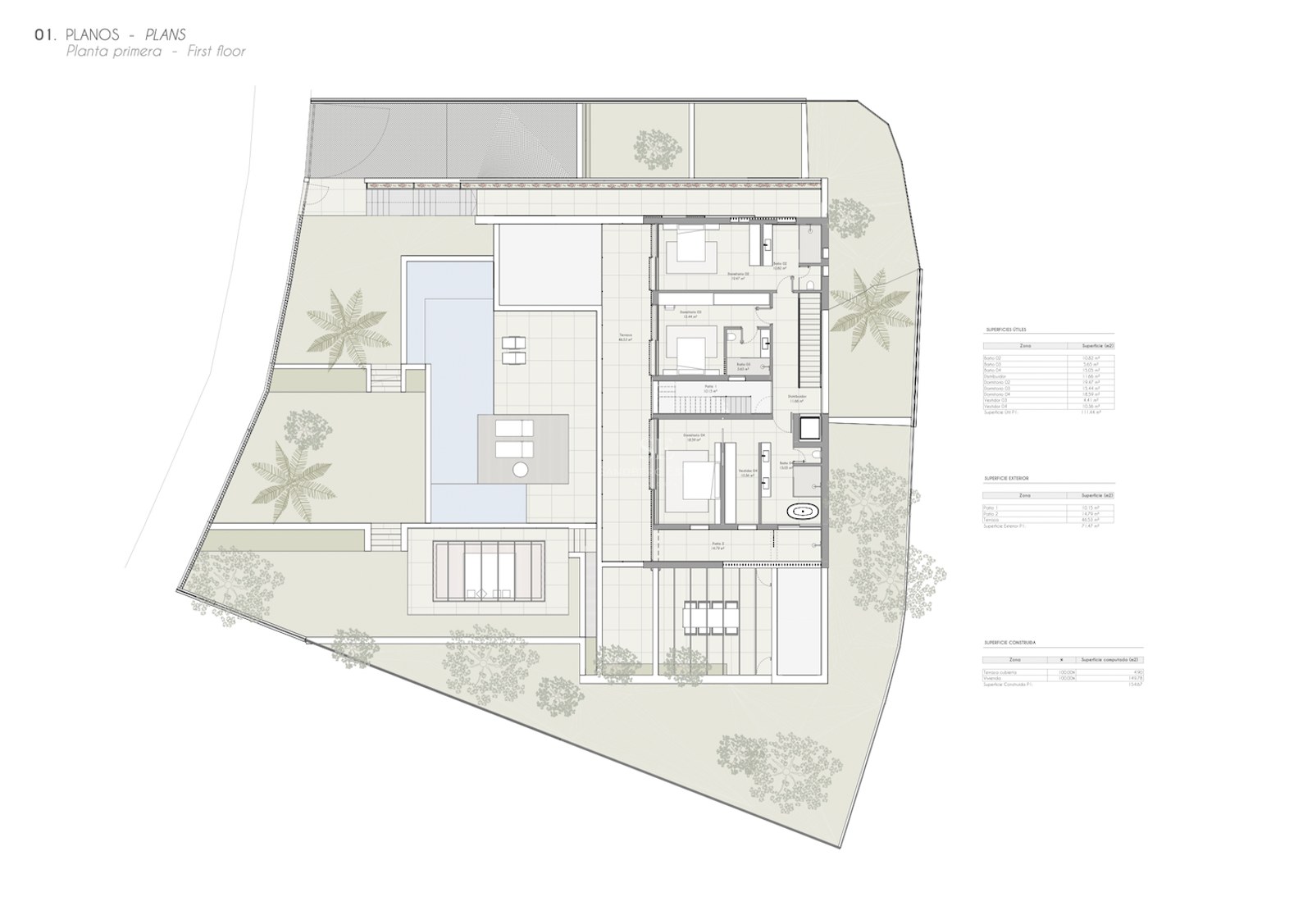 Plan technique d'une villa moderne montrant l'agencement des pièces, de la piscine, de la terrasse et du jardin.