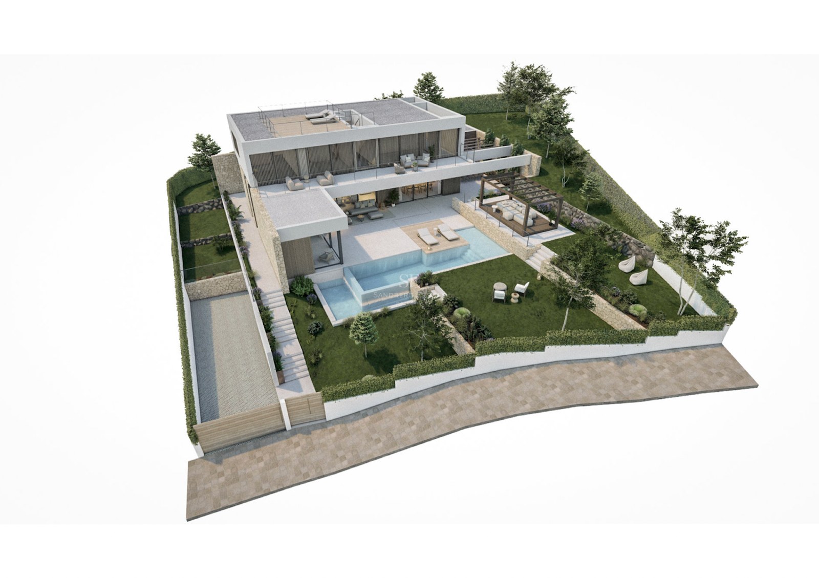 Rendu 3D d'une villa blanche moderne avec piscine à plusieurs niveaux, pelouse et murs en pierre.