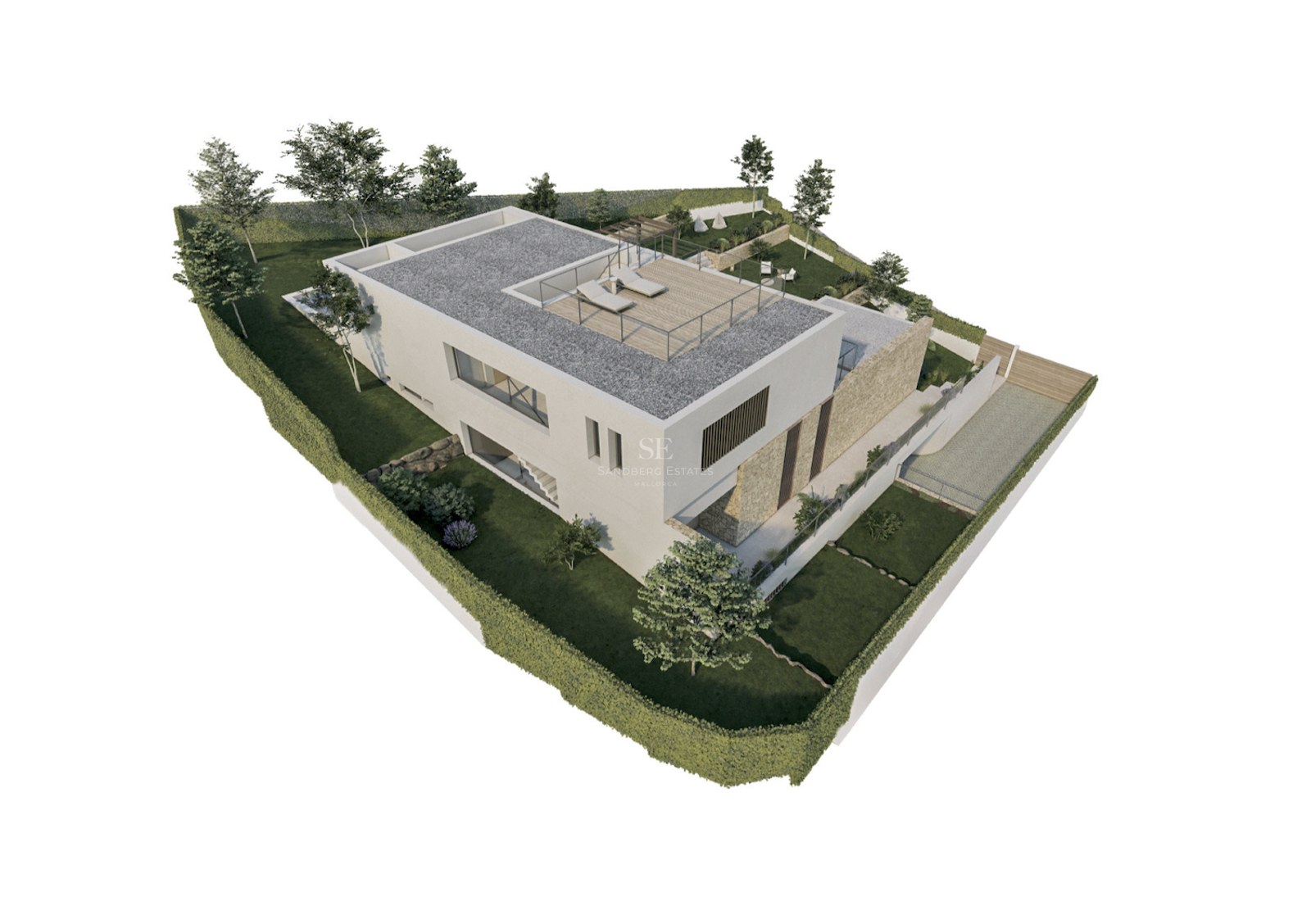 Vue aérienne 3D d'une villa contemporaine blanche avec toit-terrasse, jardin paysager et parking privé.
