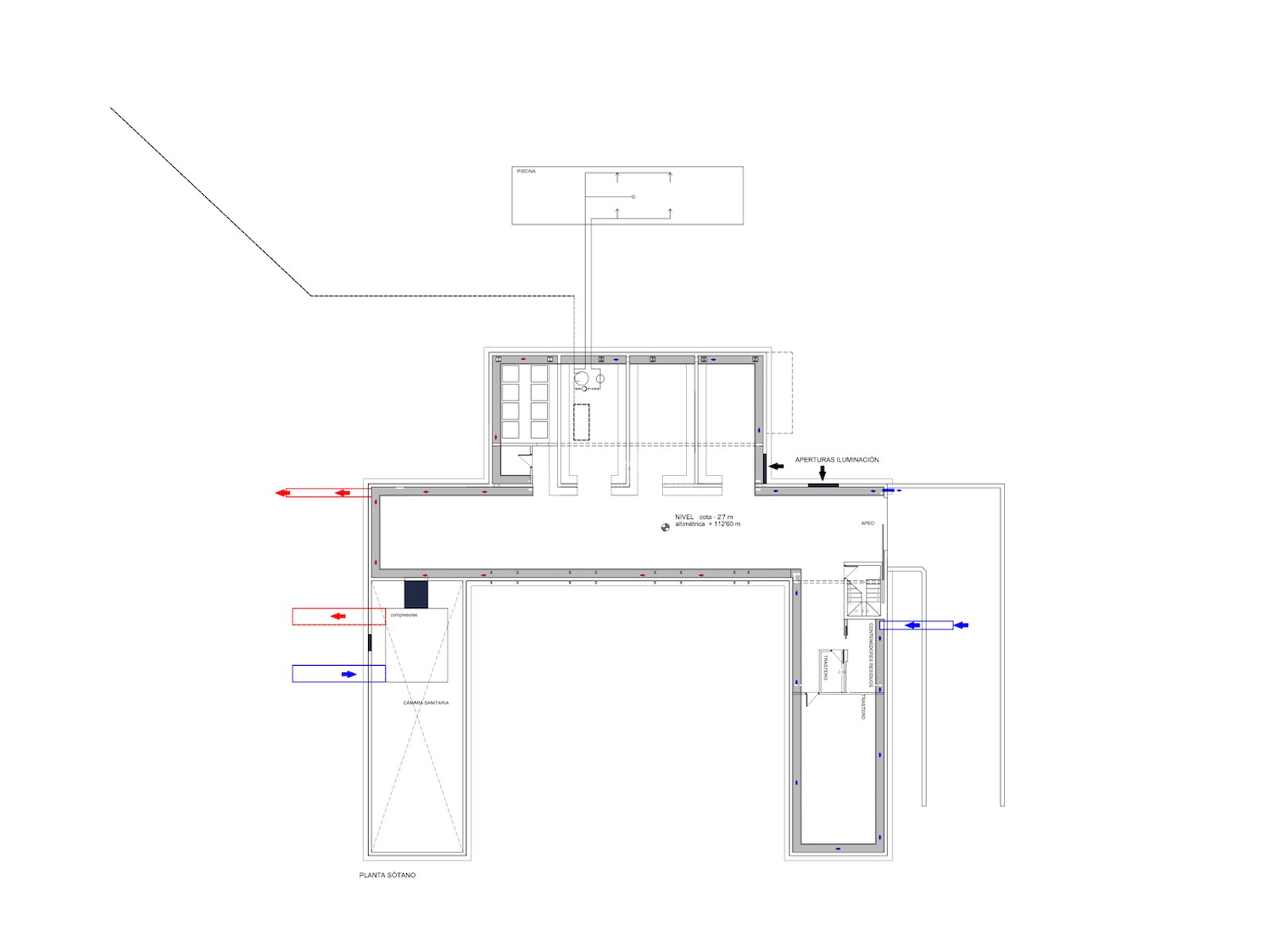 2D-Architekturplan des Kellers mit Darstellung von Lagerräumen, Technikräumen und Poolbereich.