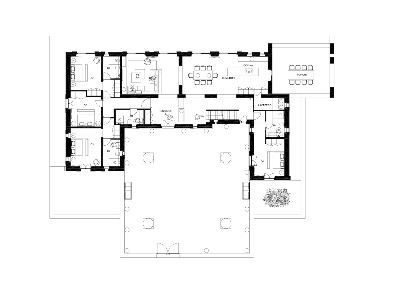 Technical 2D architectural floor plan showing a four-bedroom villa layout with central patio and expansive porch.