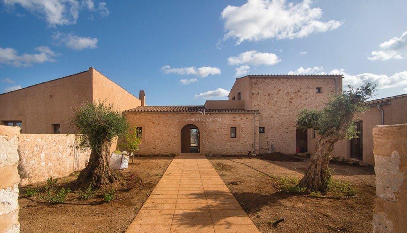 Front view of a natural stone villa with a terracotta path and ancient olive trees under a bright sky.
