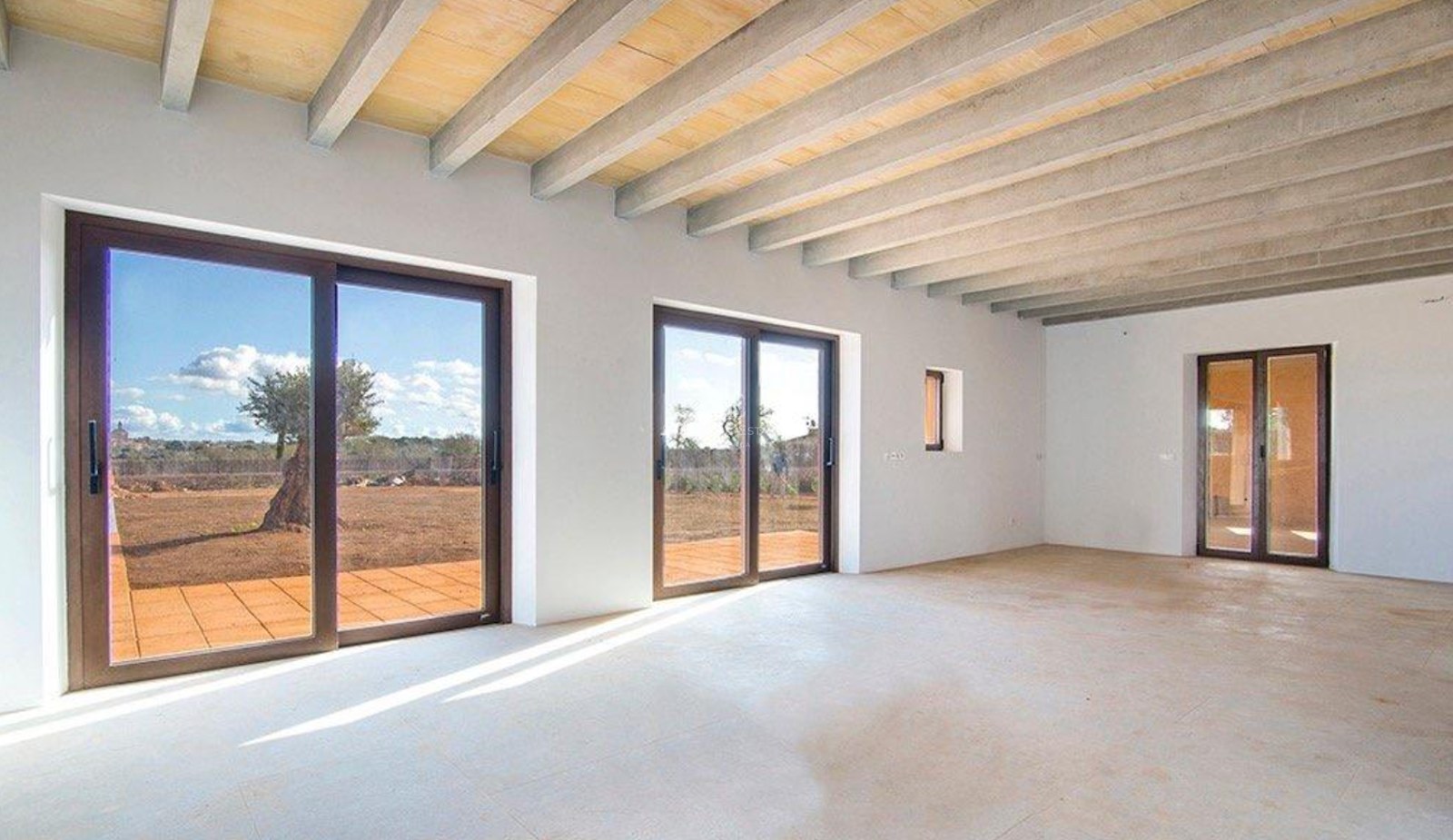 Spacious empty room with exposed concrete beam ceiling and sliding glass doors opening to a terrace with an olive tree.