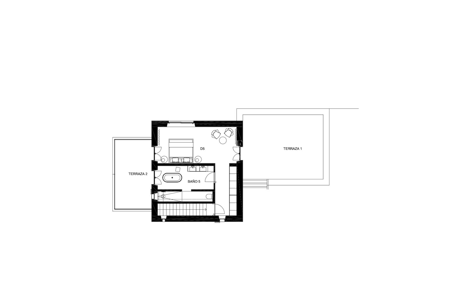 Technical floor plan of a master bedroom featuring an en-suite bathroom, walk-in closet, and two private terraces.