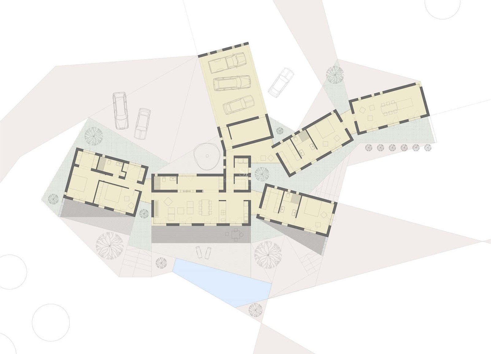Architectural site plan showing the layout of a modern multi-wing villa with a pool and parking area.
