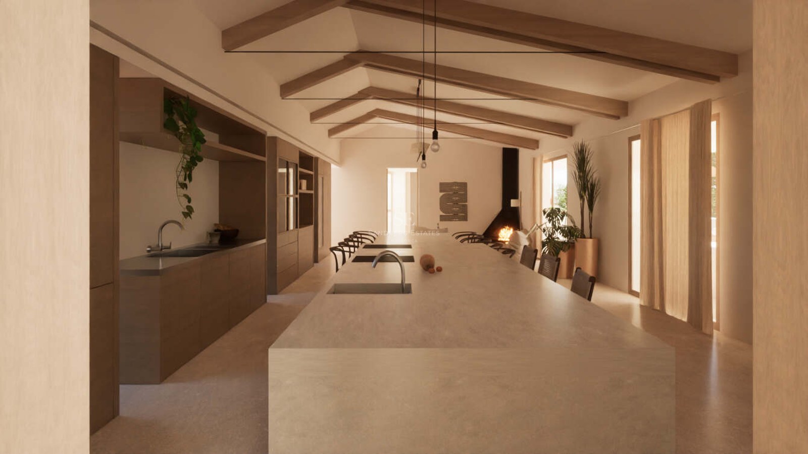 Minimalist kitchen featuring a large stone island, exposed wooden beams, and a fireplace in an open-plan living space.