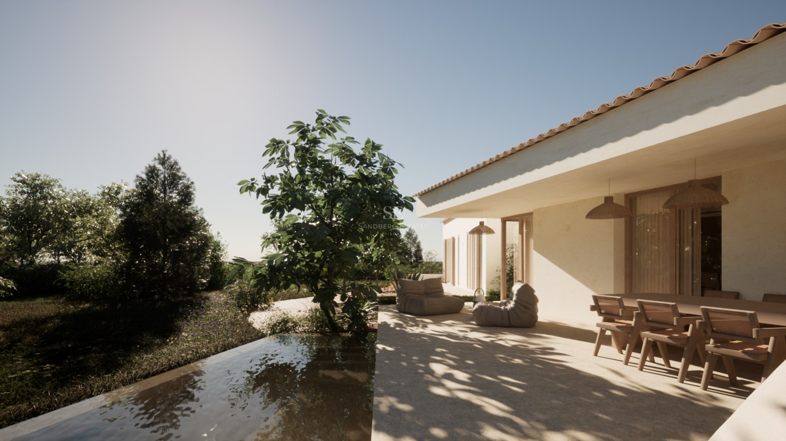 A sun-drenched stone terrace featuring a wooden dining set, lounge chairs, and a water feature edge under a clear sky.