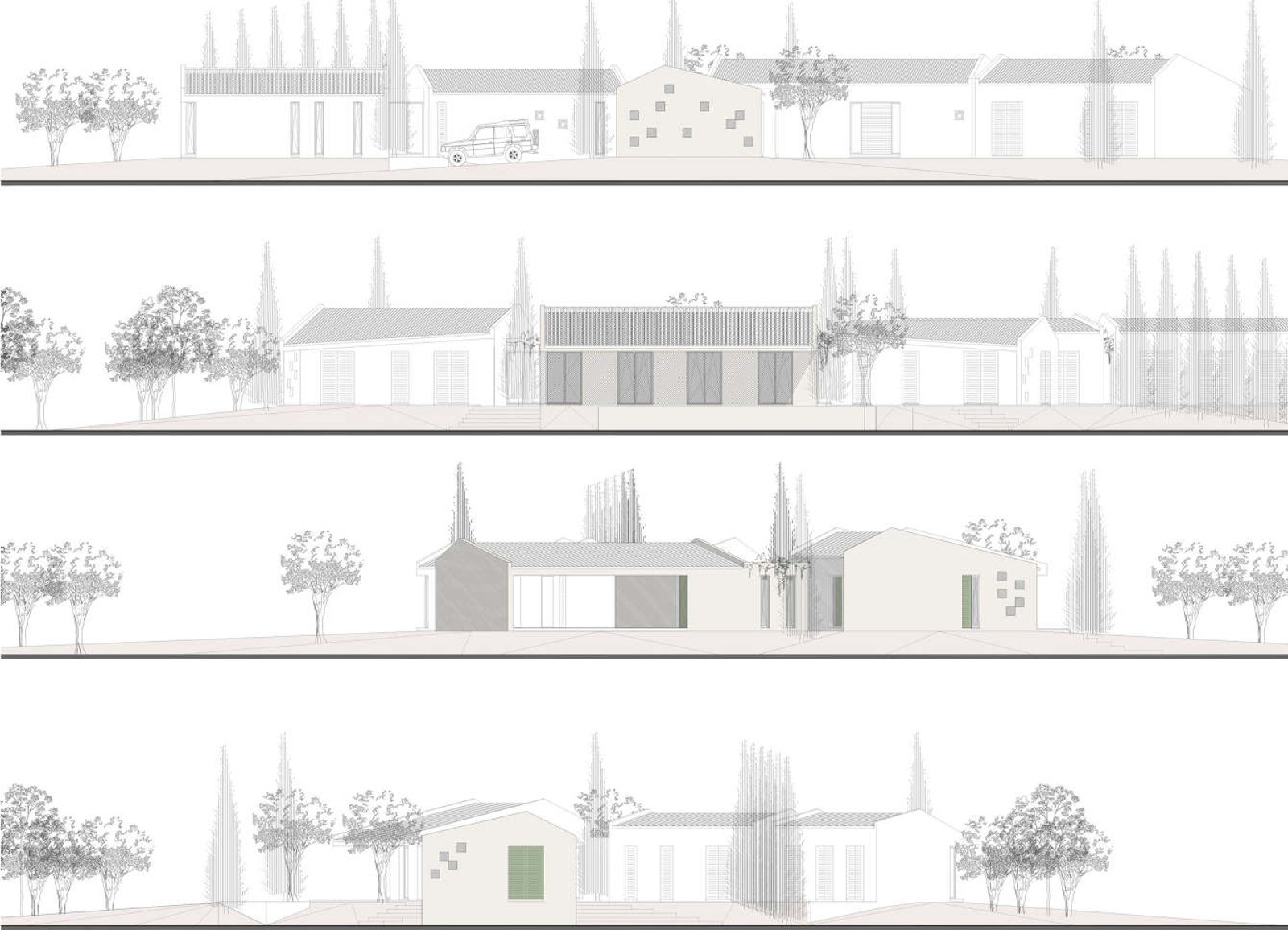 Technical line drawing showing four horizontal facade views of a Mediterranean villa with cypress trees.
